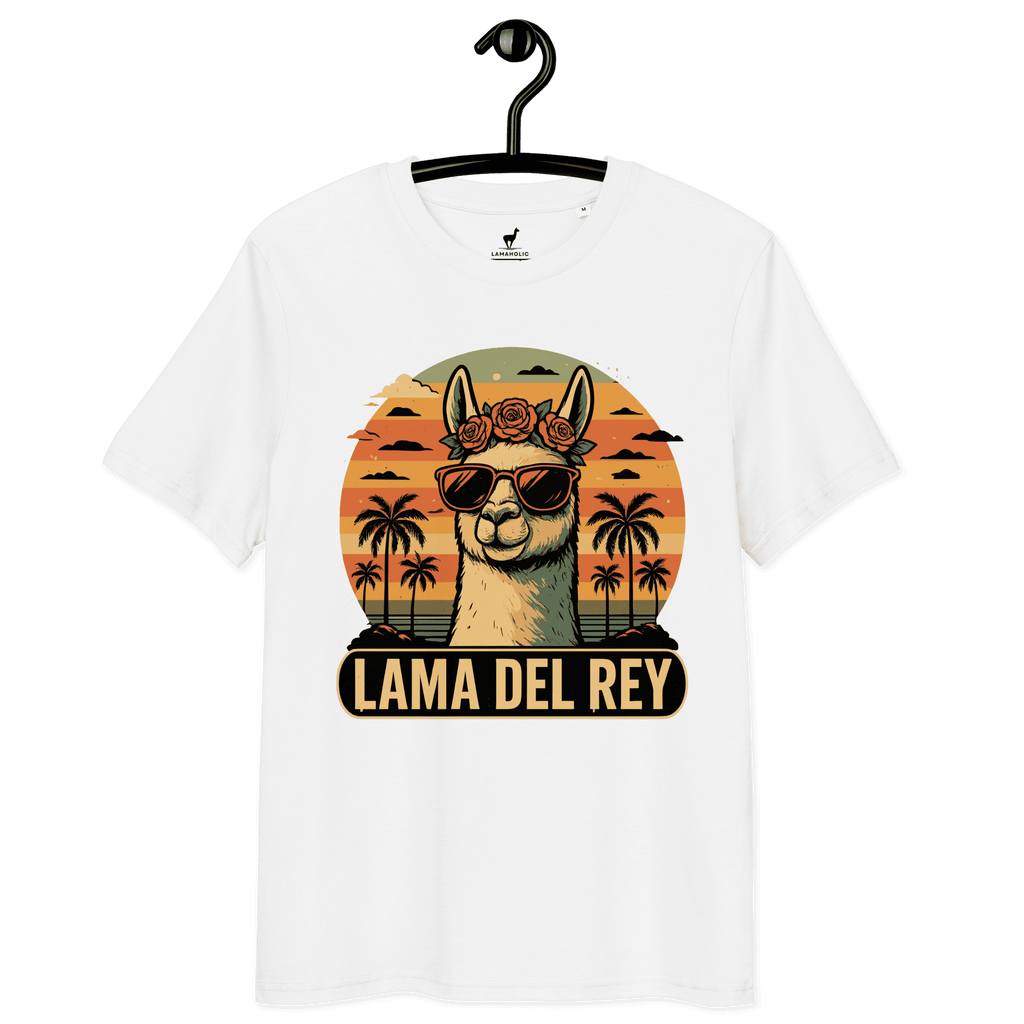 Vintage Musik Parodie t-shirt in Weiss mit Lama-Design, auf einem Kleiderbügel präsentiert.