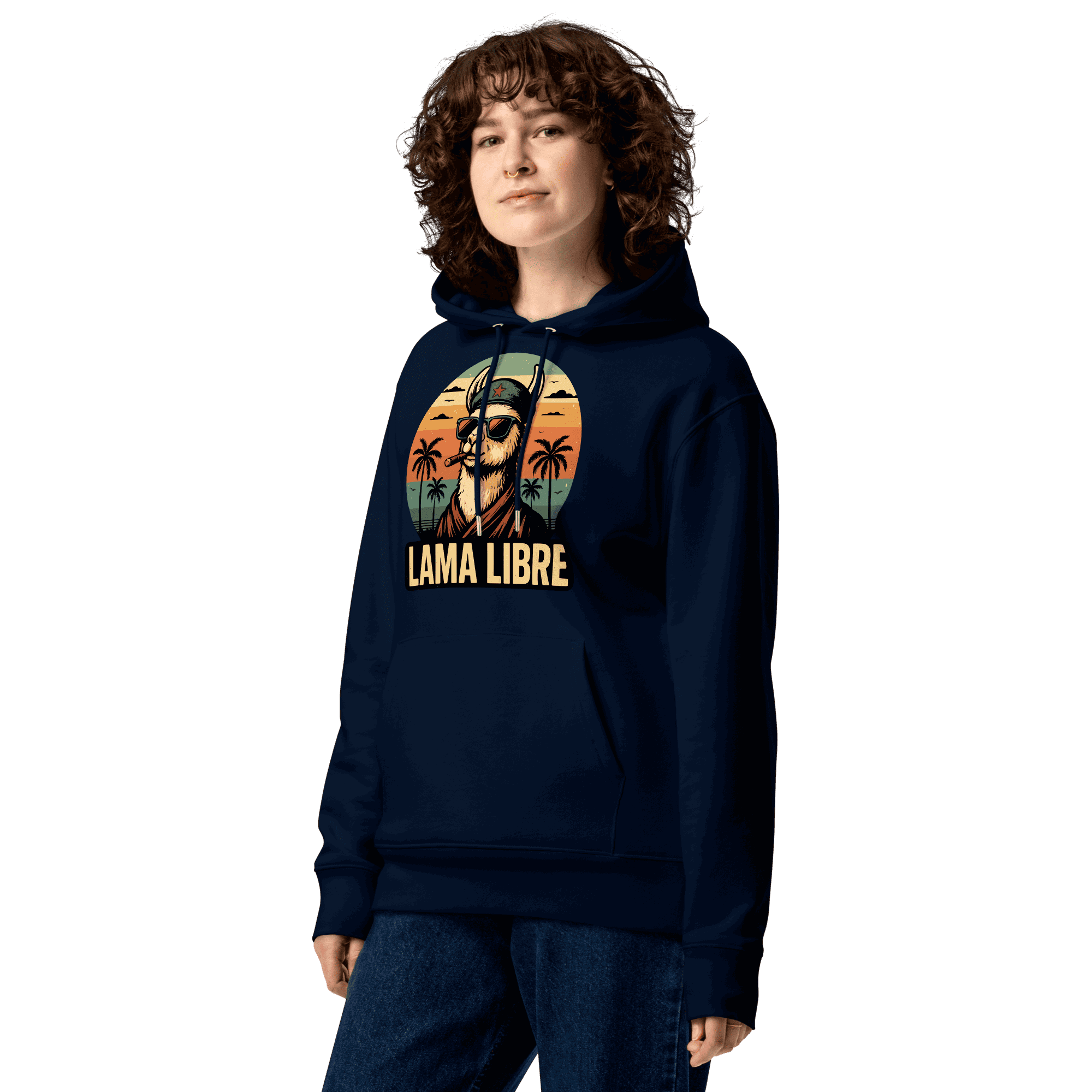 Detailaufnahme des Lama Libre Hoodies in French Navy an einem weiblichen Model.