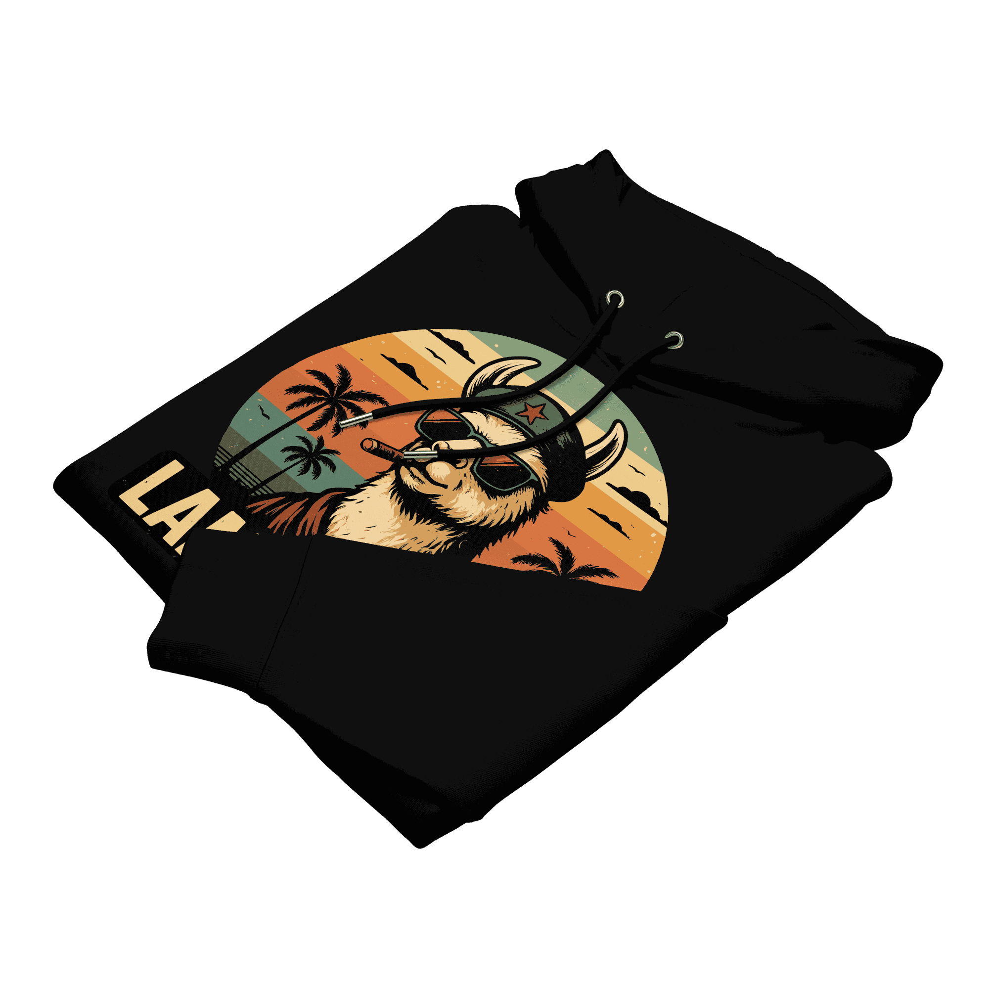 Gefalteter Lama Libre Hoodie in Schwarz aus weicher Bio-Baumwolle.