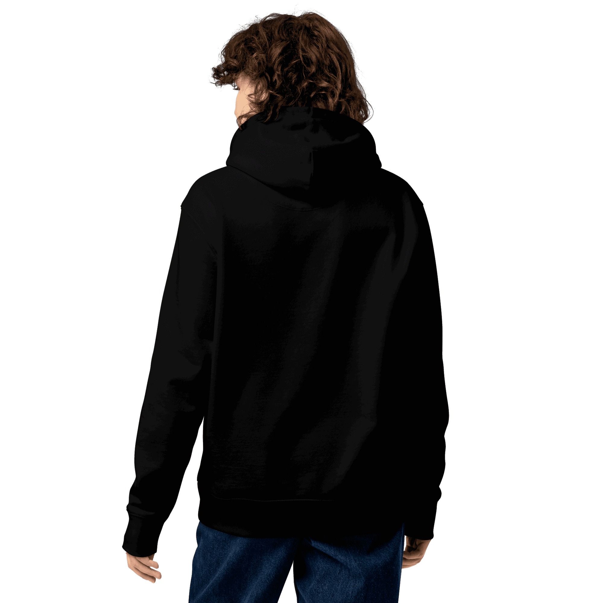 Rückseite des Lama Libre Hoodies in Schwarz, getragen von einem Mann.
