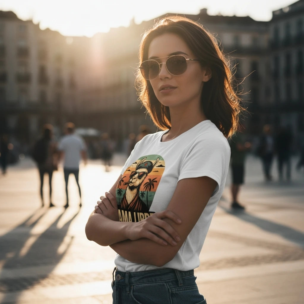 Eine Frau mit Sonnenbrille trägt selbstbewusst das "Lama Libre" T-Shirt als Zeichen für Rebellion und persönliche Freiheit.