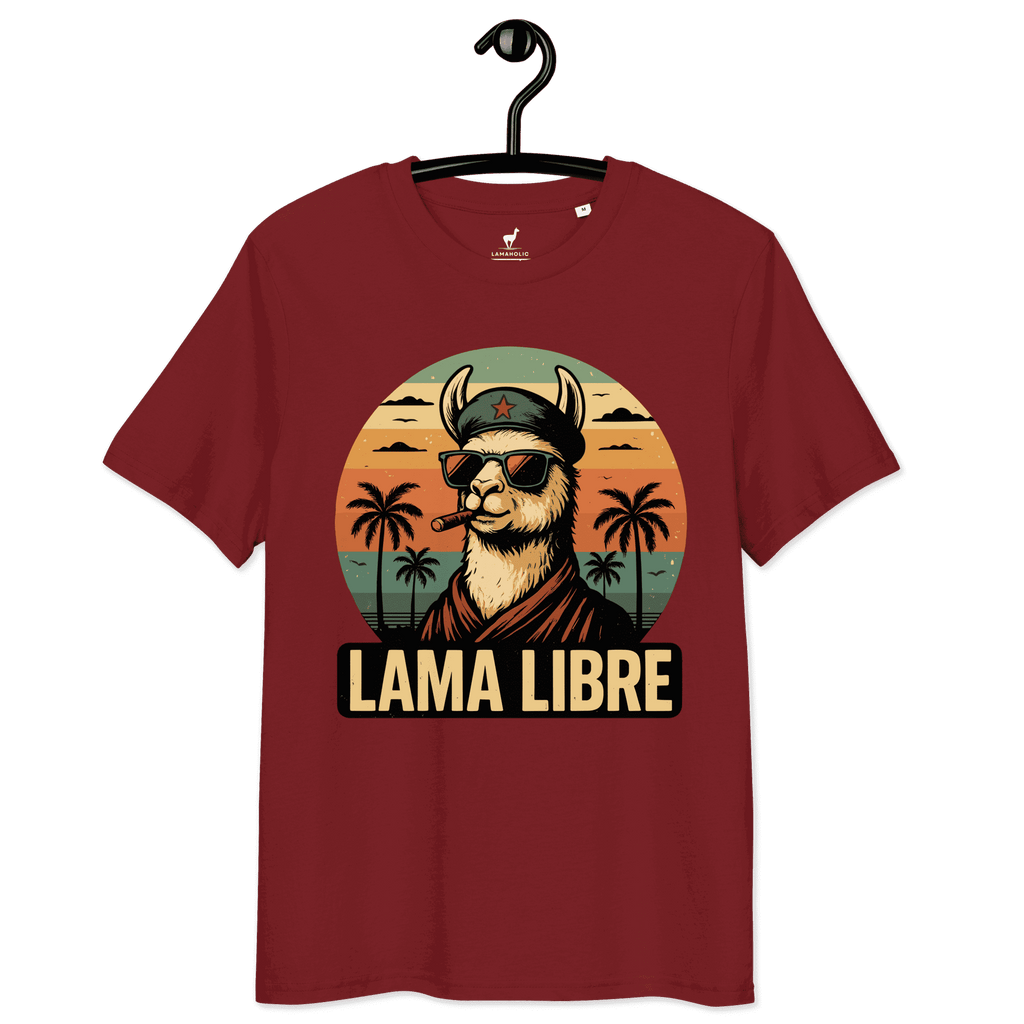 Lama Libre T-Shirt in Rot, auf einem Kleiderbügel präsentiert.