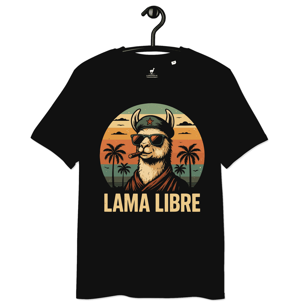 Lama Libre T-Shirt in Schwarz, auf einem Kleiderbügel präsentiert.