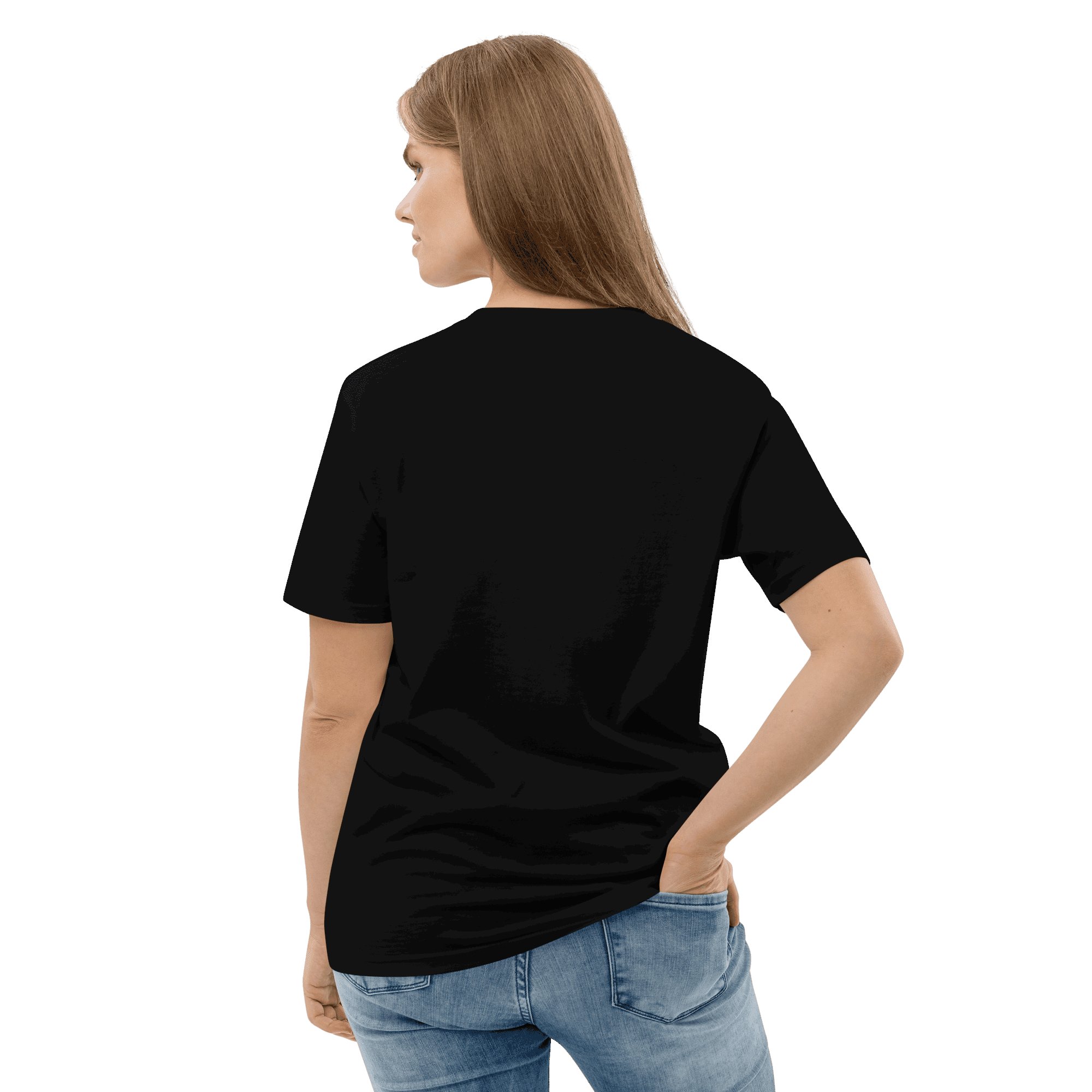 Rückseite des Lama Libre T-Shirts in Schwarz, getragen von einer Frau.