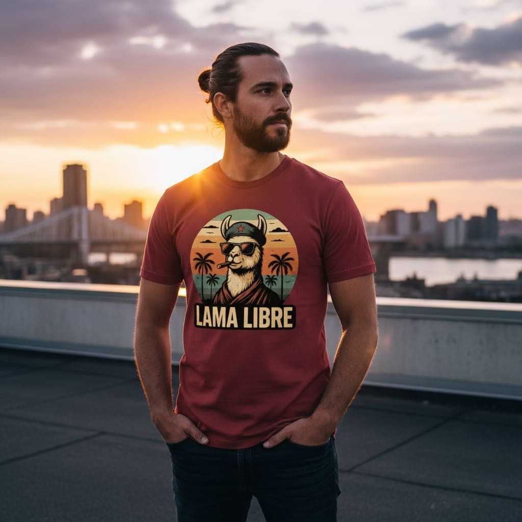 Ein Mann mit Dutt trägt das rote Lama Libre T-Shirt und blickt bei Sonnenuntergang nachdenklich über eine städtische Skyline.
