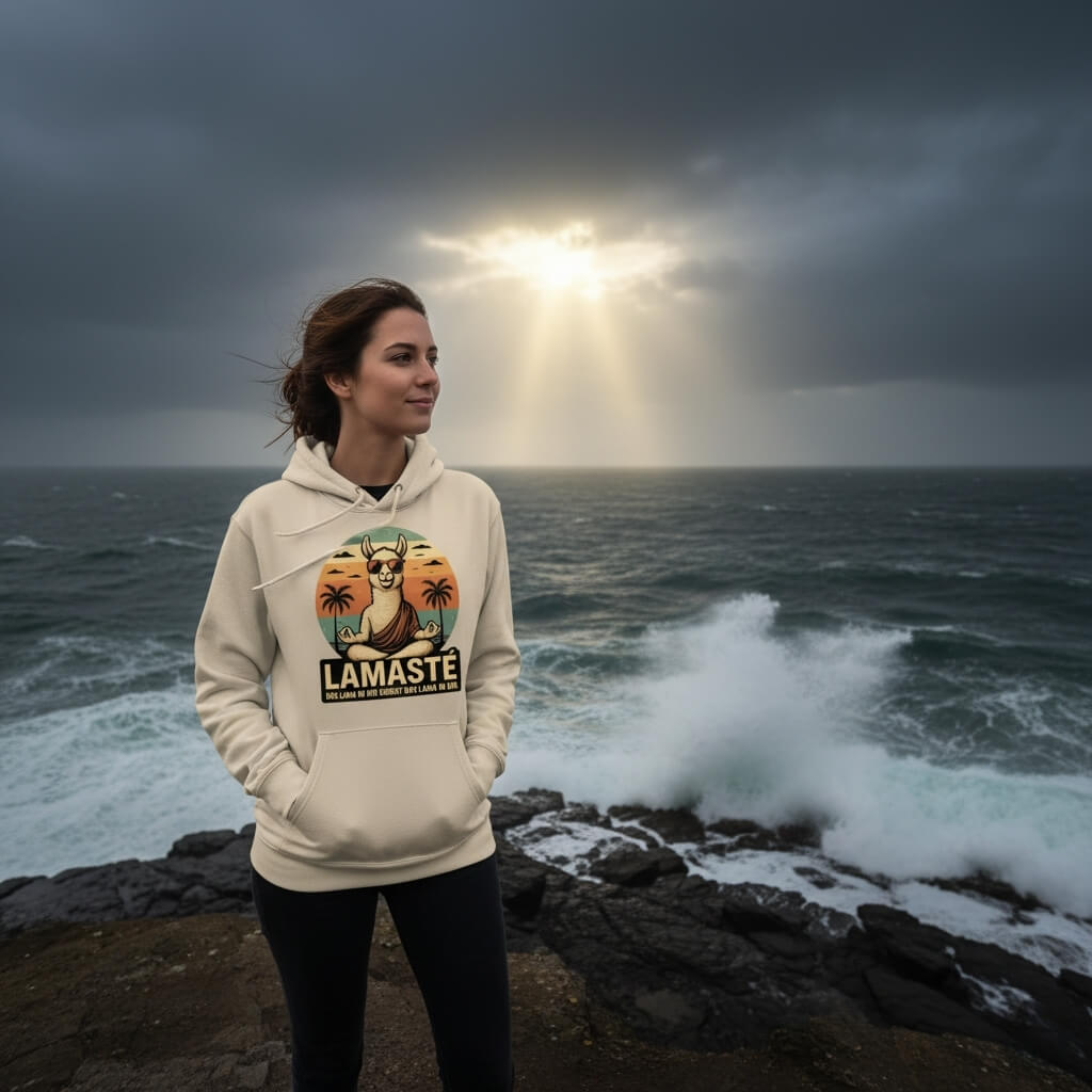 Eine Person in einem Lamaste-Hoodie blickt ruhig auf ein stürmisches Meer, als Symbol für die Gelassenheit, die Dinge hinzunehmen, die man nicht ändern kann.