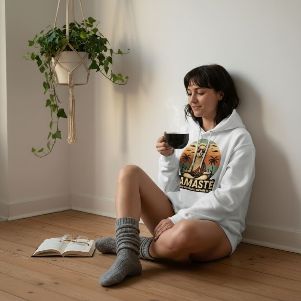 Eine Frau in einem weißen Lamaste Hoodie sitzt gemütlich auf dem Boden, trinkt Kaffee und liest ein Buch, umgeben von einer entspannten Atmosphäre.