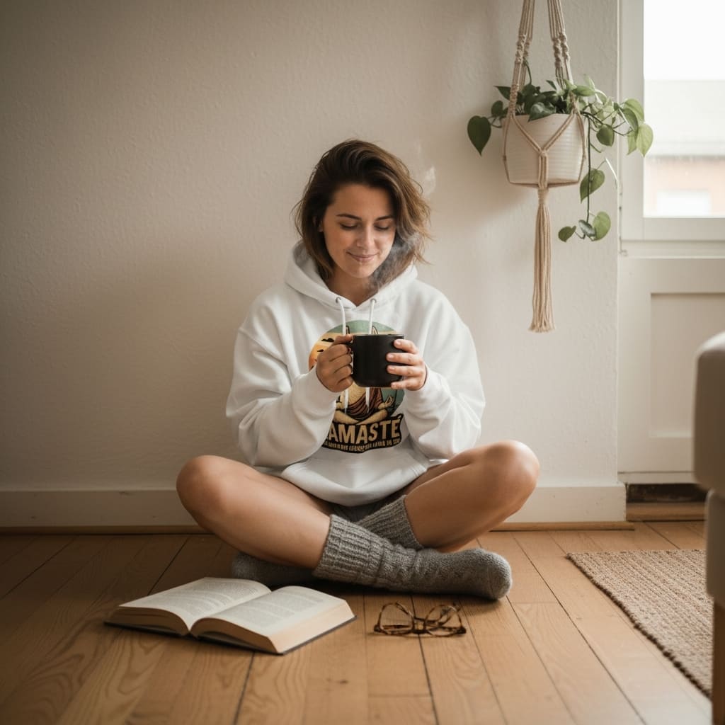 Eine Frau in einem weißen Lamaste Hoodie sitzt gemütlich auf dem Boden, trinkt Kaffee und liest ein Buch, umgeben von einer entspannten Atmosphäre