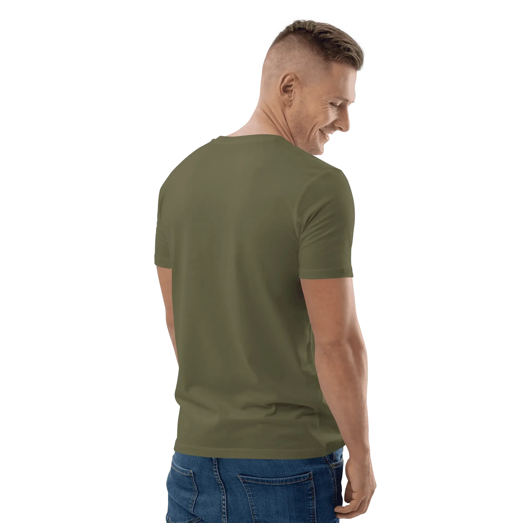 Rückseite des Lamaste T-Shirts in Khaki, getragen von einem männlichen Model.