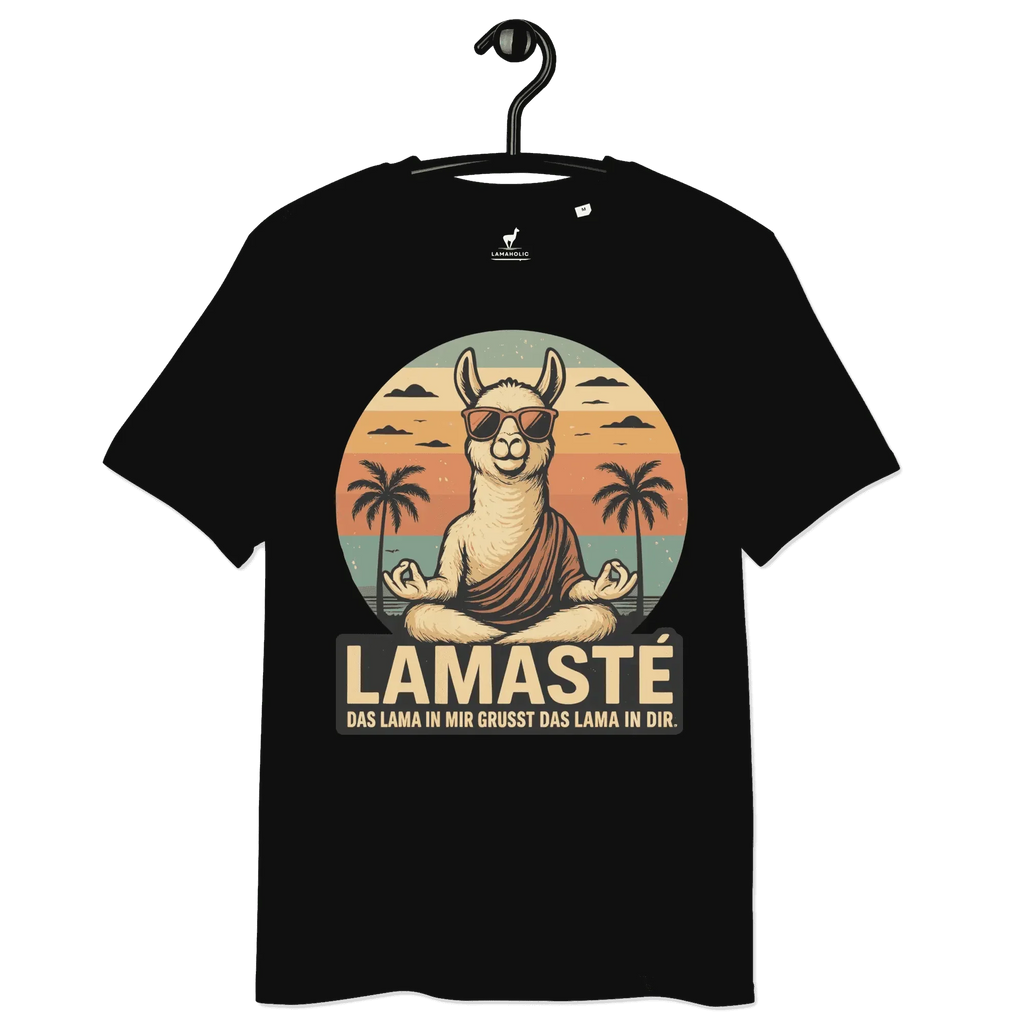 Lamaste T-Shirt in Schwarz für Yoga-Fans, professionell auf einem Kleiderbügel präsentiert.