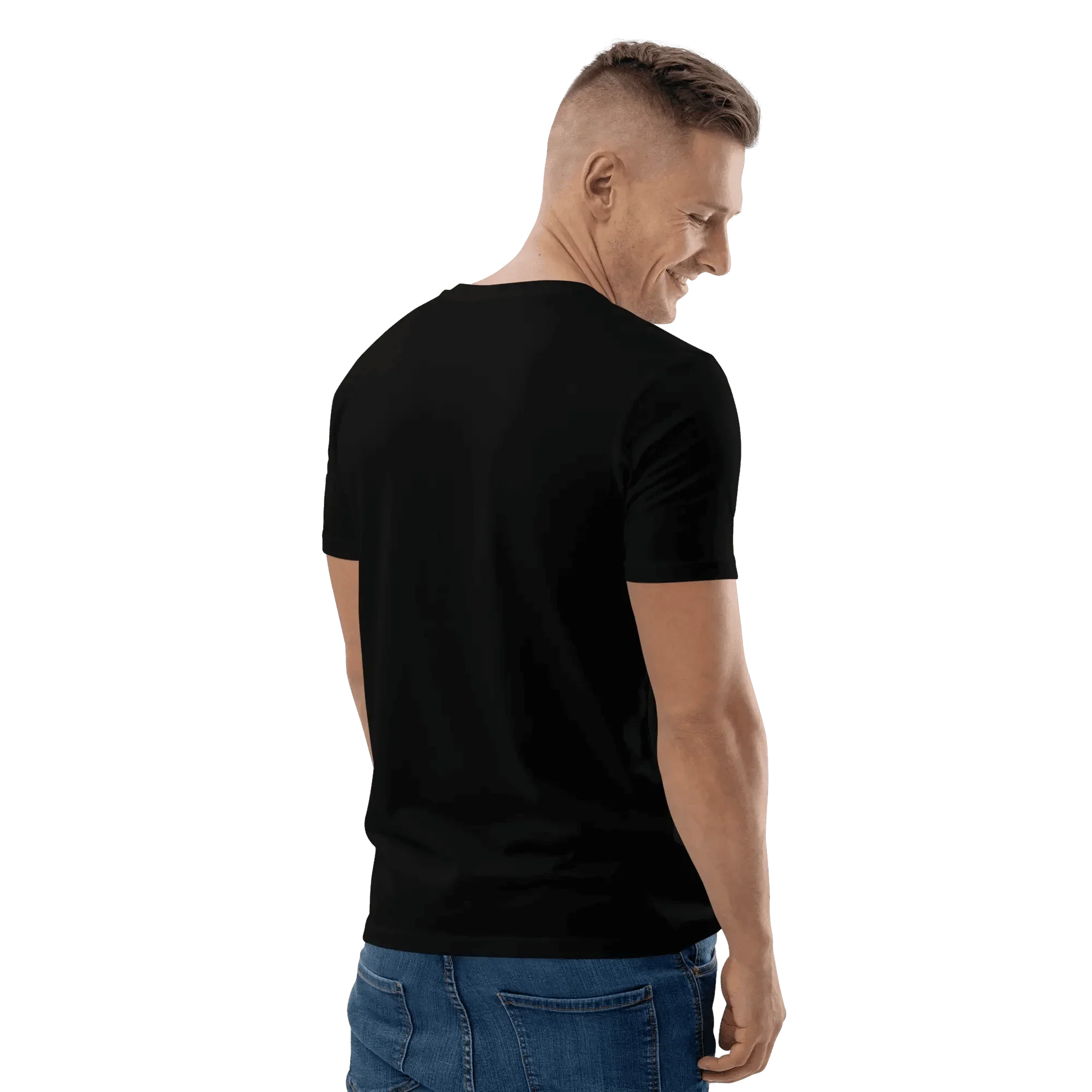 Rückseite des Lamaste T-Shirts in Schwarz, getragen von einem männlichen Model.