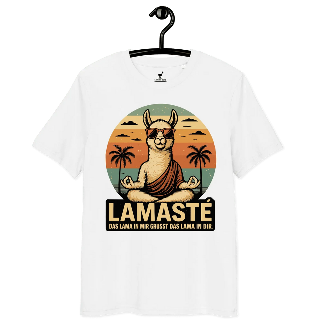 Lamaste T-Shirt in Weiss für Yoga-Fans, professionell auf einem Kleiderbügel präsentiert.