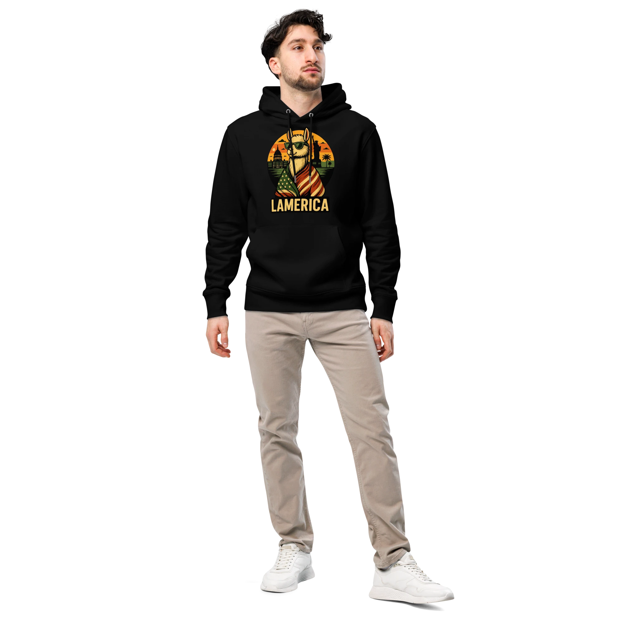 lamaholic lamerica in hoodie | gemuetliches Herren Outfit fuer Herren als Geschenk fuer kalte Tage, nachhaltiger Pullover