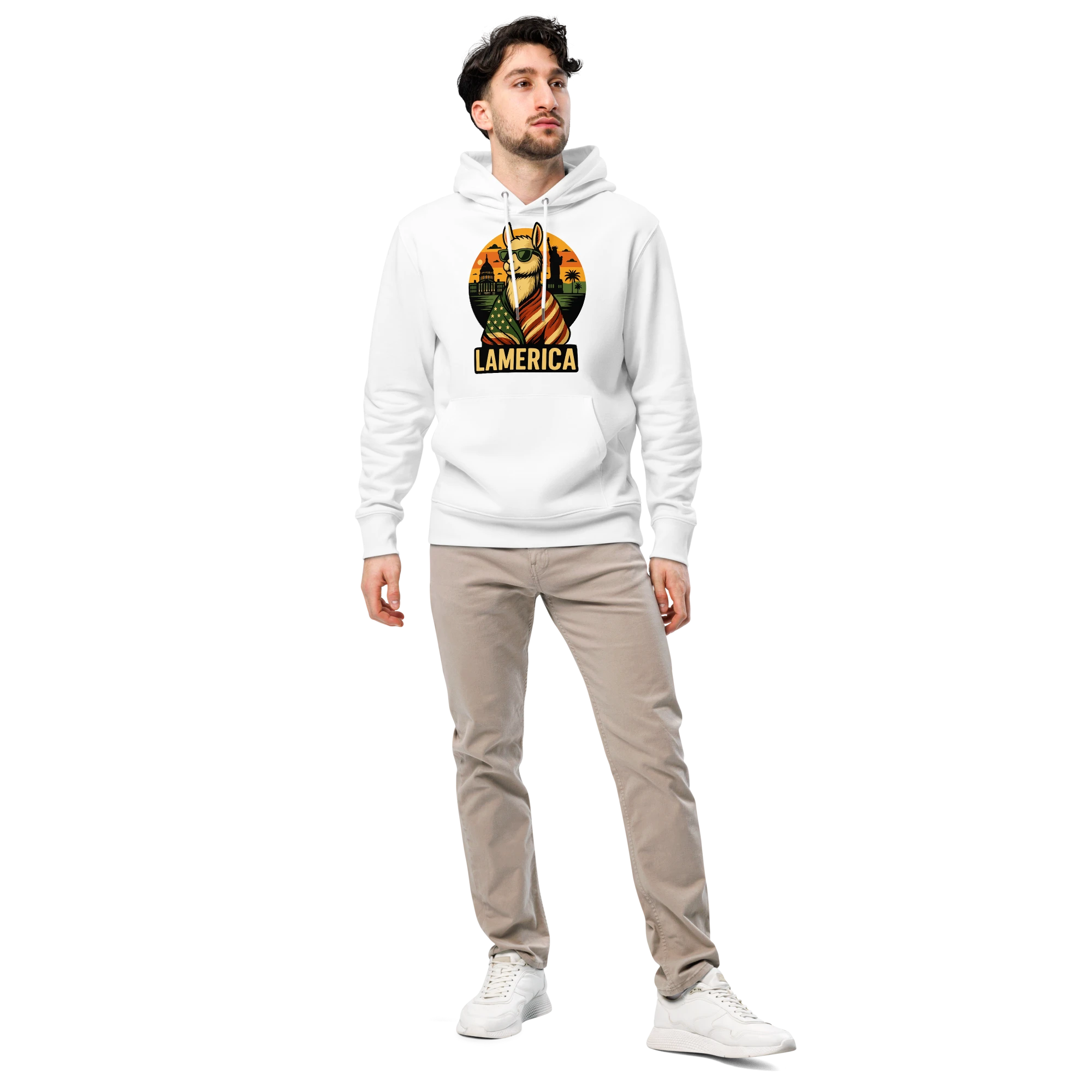 lamaholic lamerica in hoodie | nachhaltiger Pullover fuer Herren als weicher Stoff, bequeme Kleidung fuer Zuhause