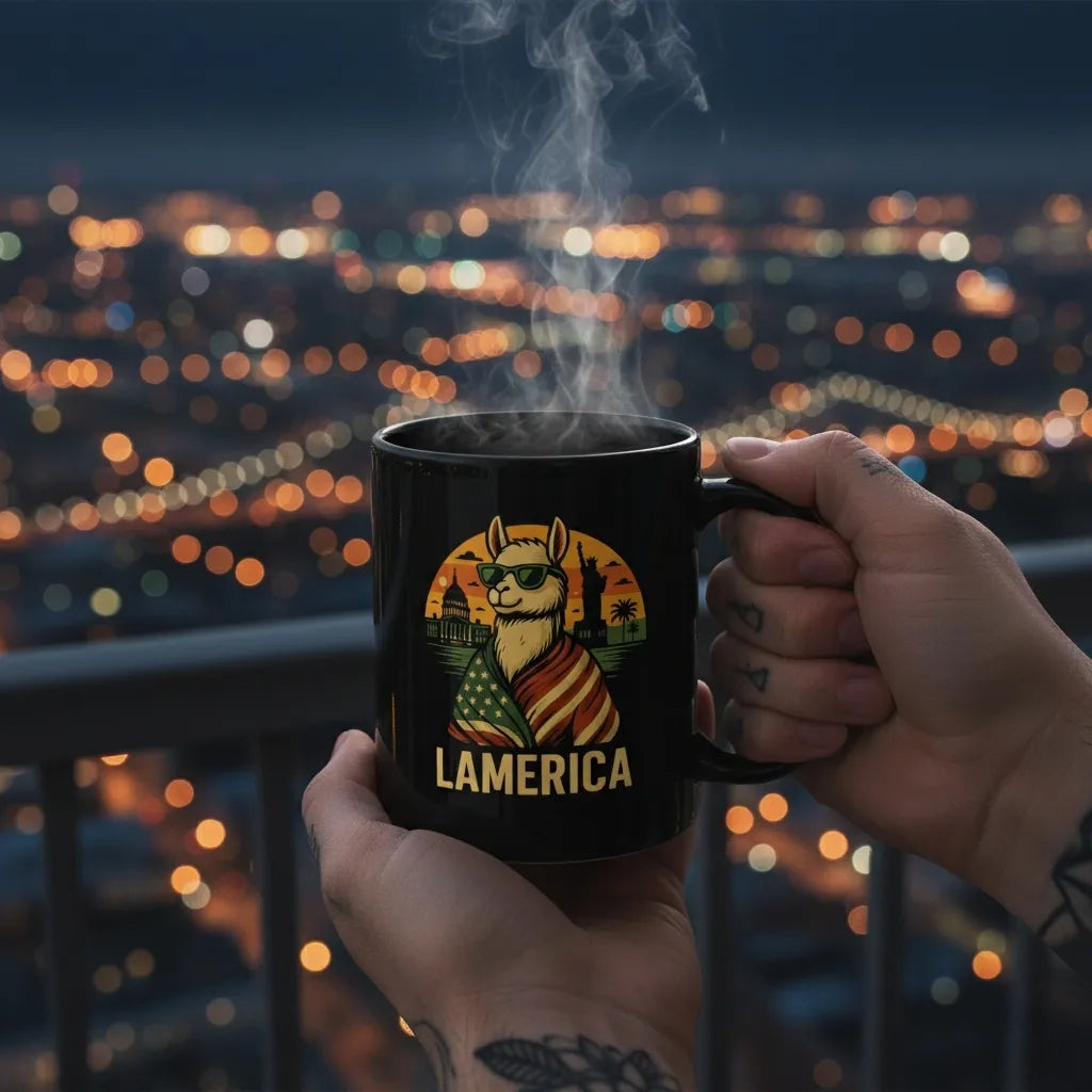Lustige Tasse mit Spruch: Ein Mann hält die schwarze Lamerica Kaffeetasse mit Blick auf die nächtliche Skyline. Das Gefühl von Freiheit zum Trinken.