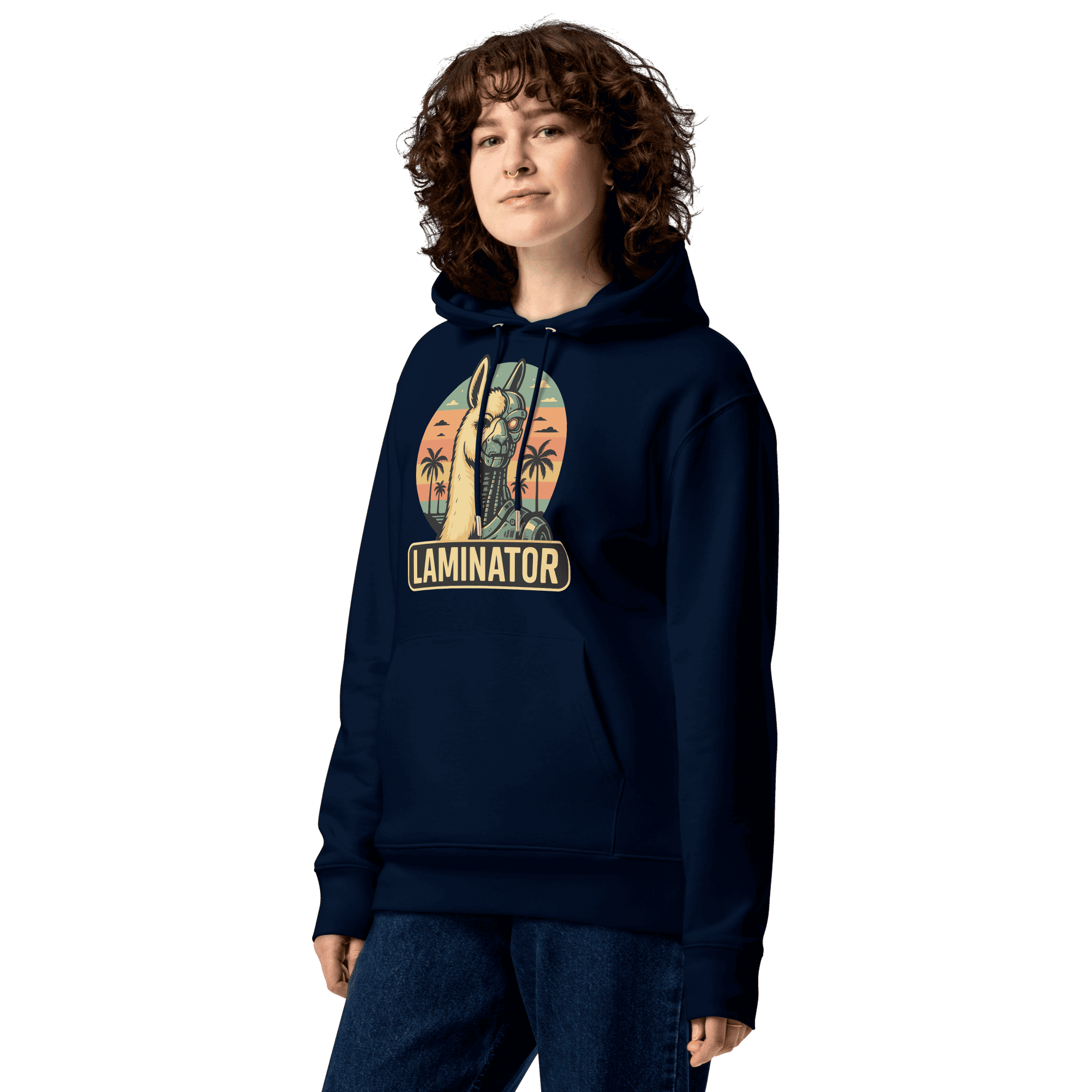 Nahaufnahme des Laminator Hoodies in French Navy an einem weiblichen Model.