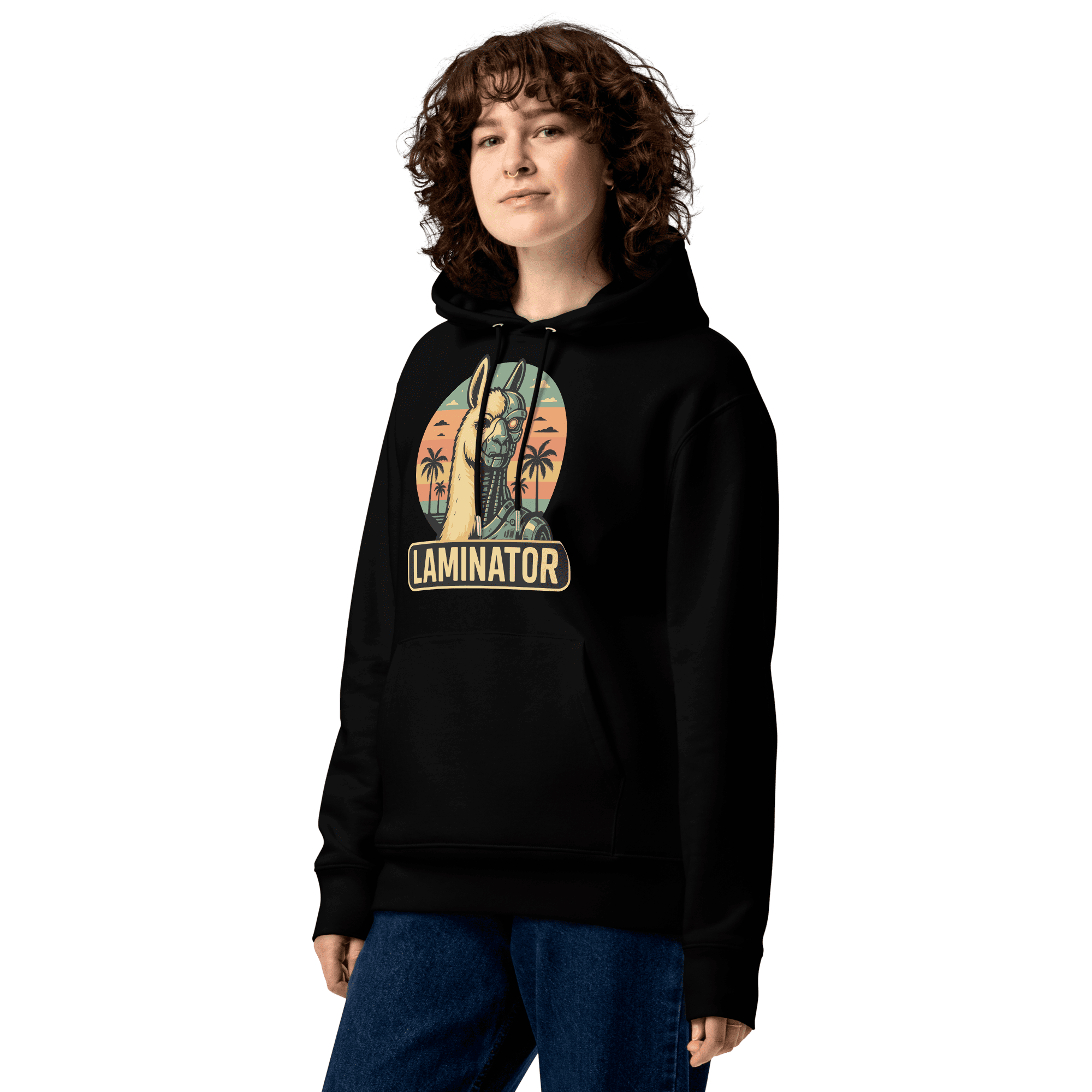 Nahaufnahme des Laminator Hoodies in Schwarz an einem weiblichen Model.