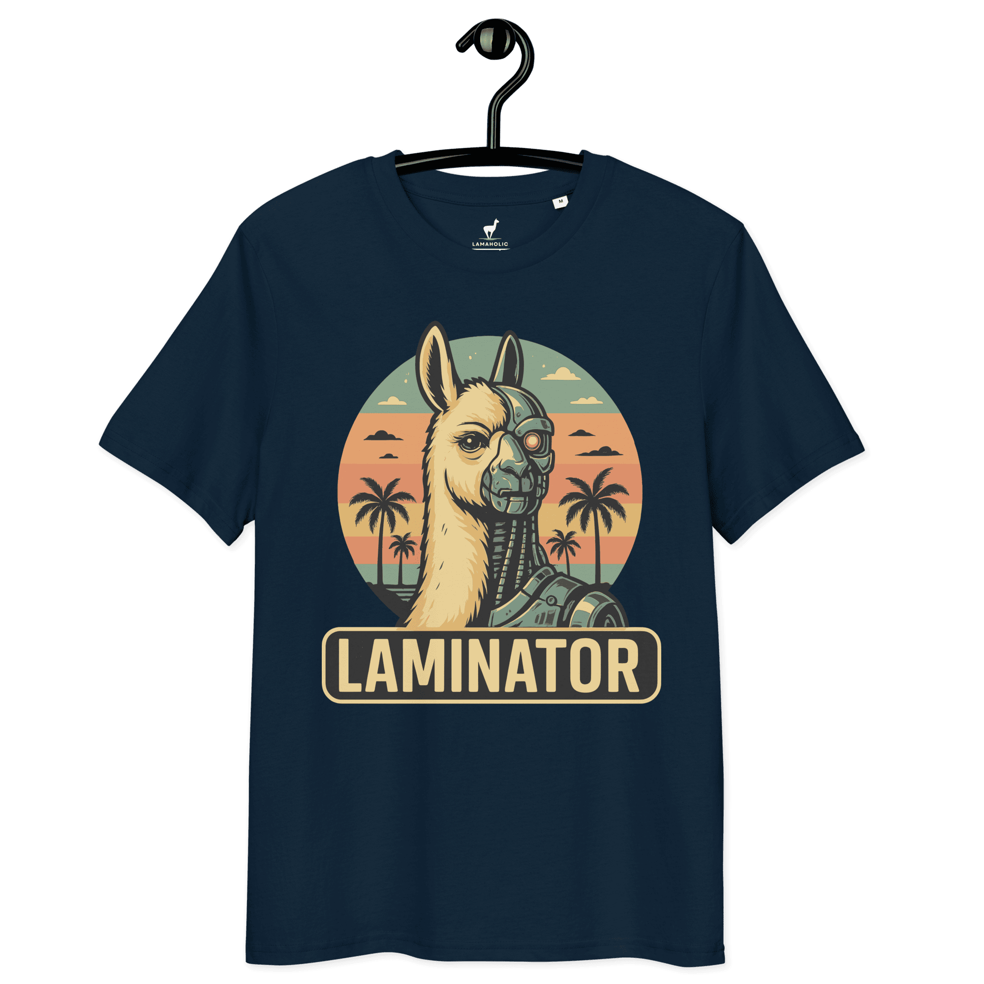 Lustiges Lama T-Shirt Laminator in French Navy, auf einem Kleiderbügel präsentiert.