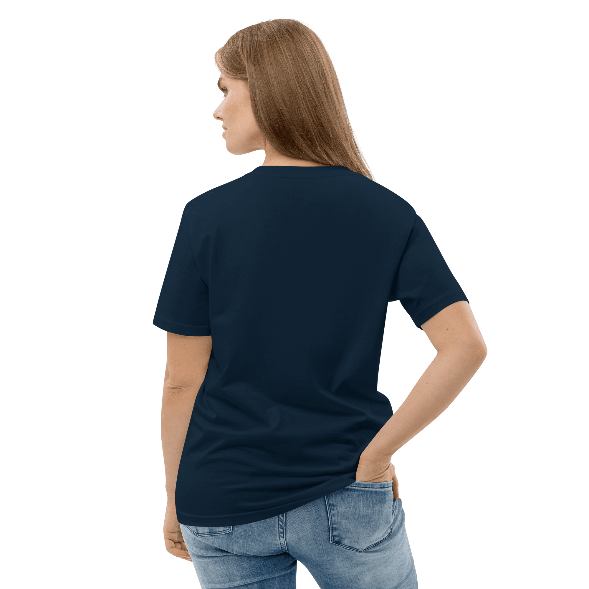 Rückseite des Laminator T-Shirts in French Navy, getragen von einer Frau.