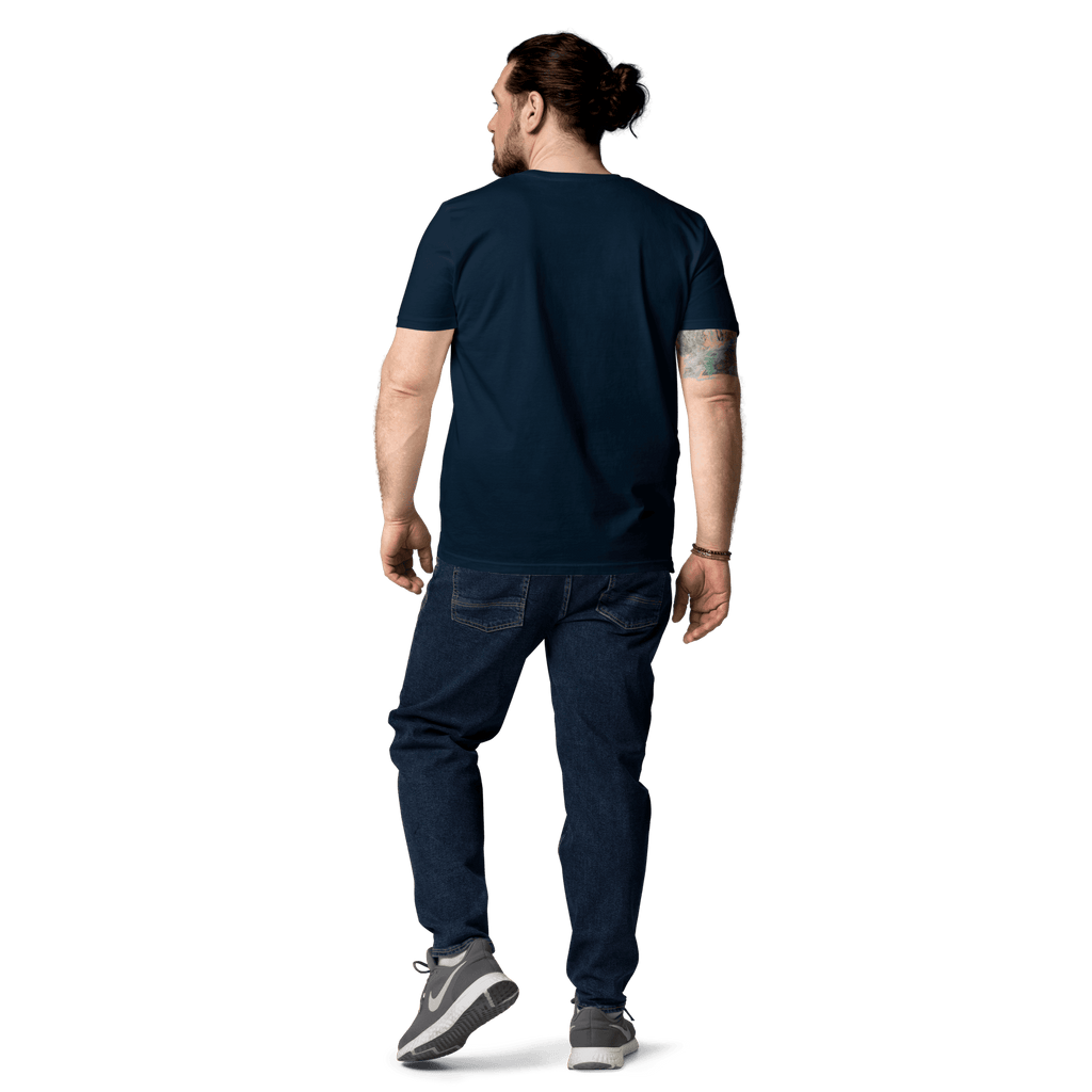 Rückseite des Laminator T-Shirts in French Navy, getragen von einem Mann.