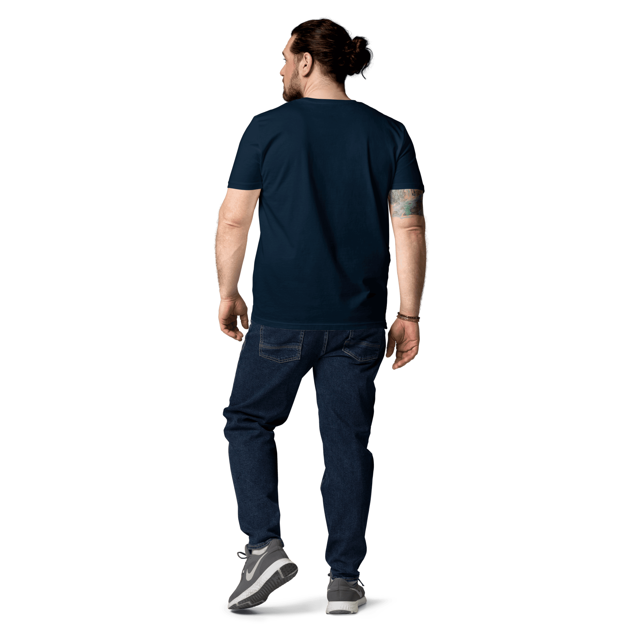 Rückseite des Laminator T-Shirts in French Navy, getragen von einem Mann.