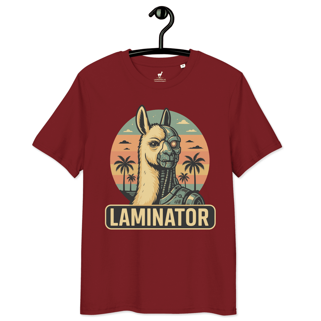 Lustiges Lama T-Shirt Laminator in Rot, auf einem Kleiderbügel präsentiert.