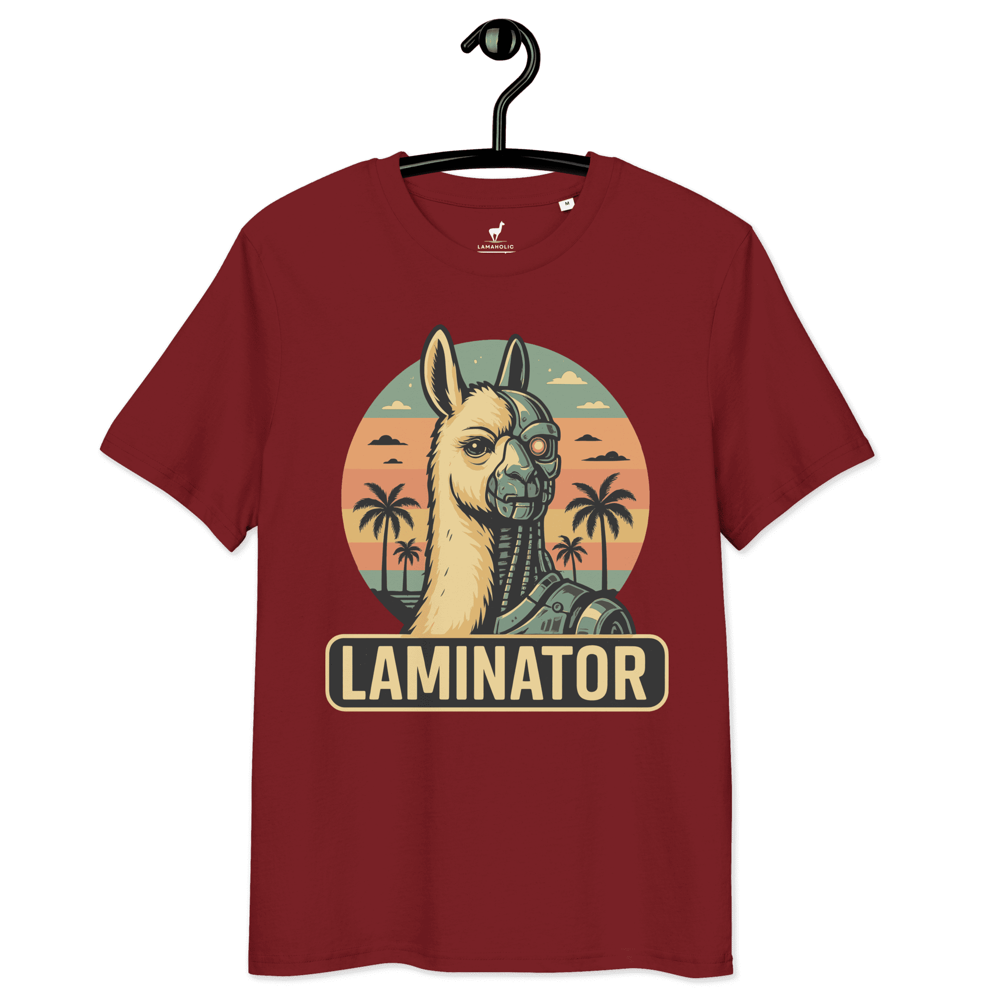 Lustiges Lama T-Shirt Laminator in Rot, auf einem Kleiderbügel präsentiert.