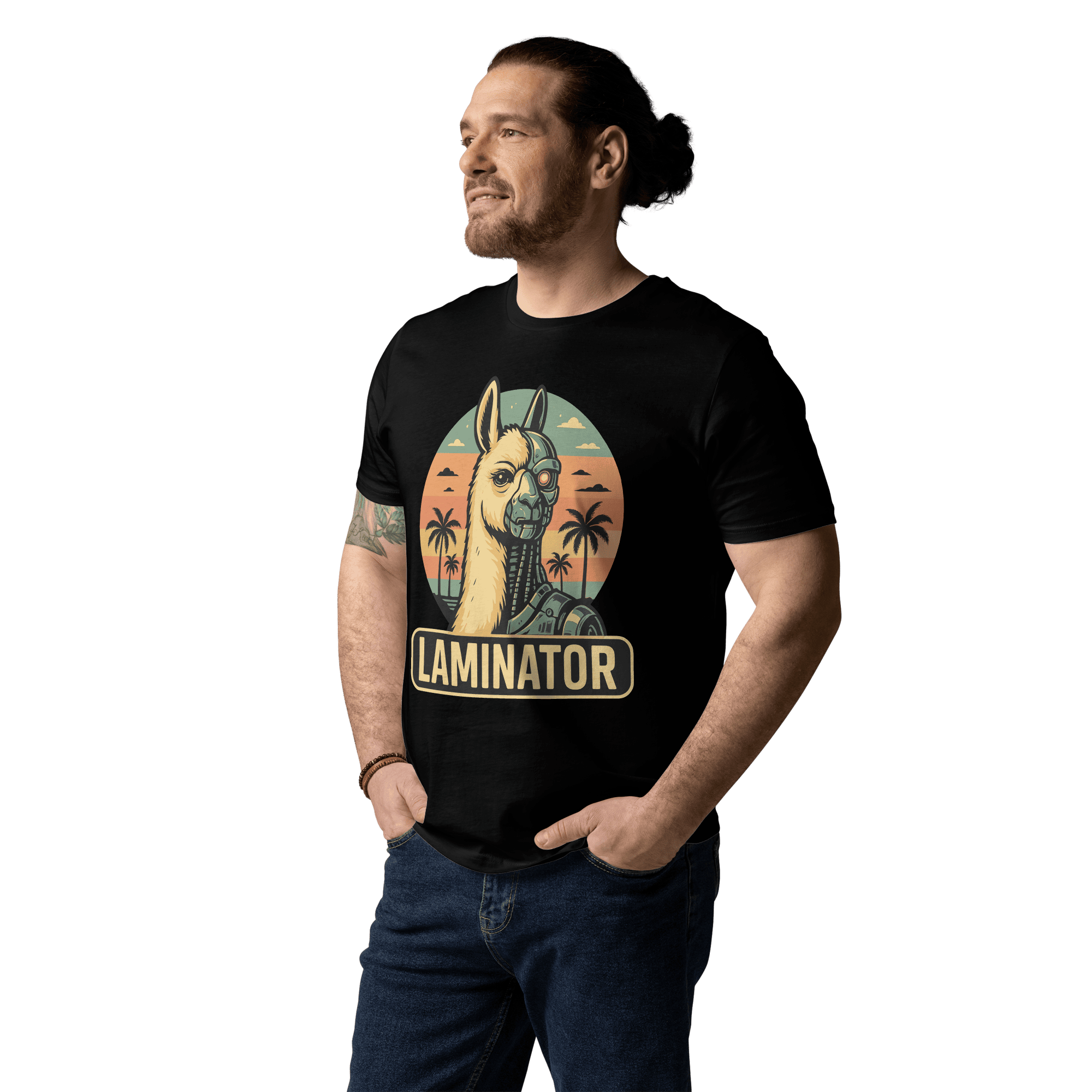Mann trägt das lustige Lama T-Shirt Laminator in Schwarz.