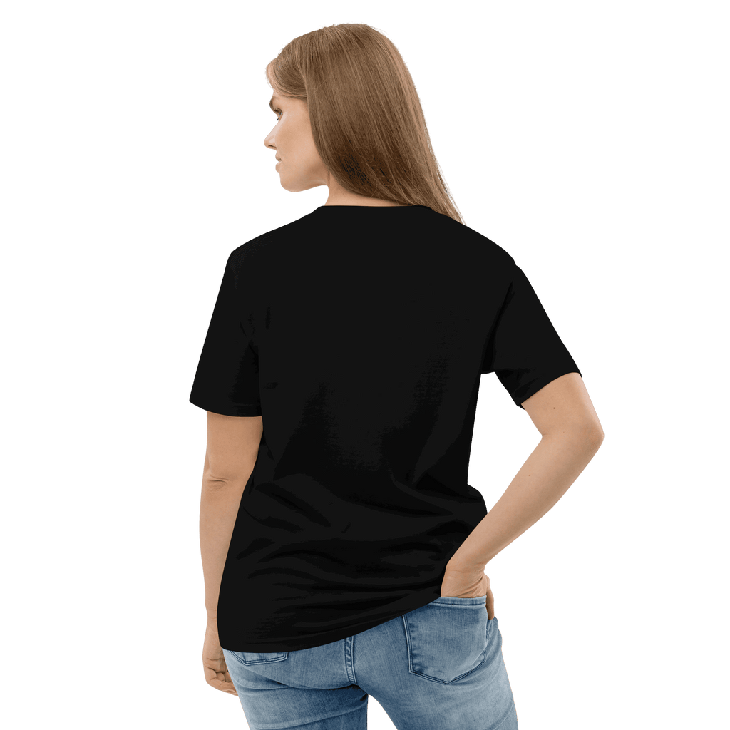 Rückseite des Laminator T-Shirts in Schwarz, getragen von einer Frau.