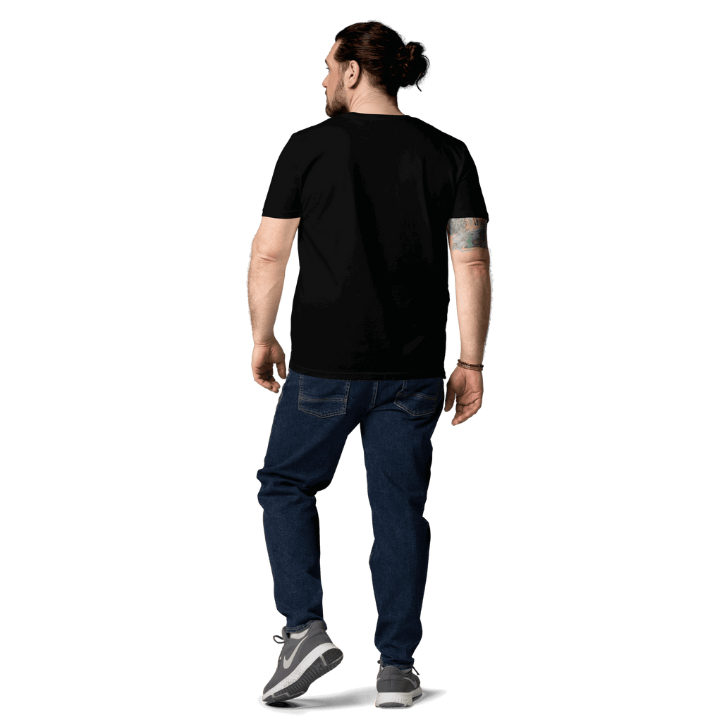 Rückseite des Laminator T-Shirts in Schwarz, getragen von einem Mann.