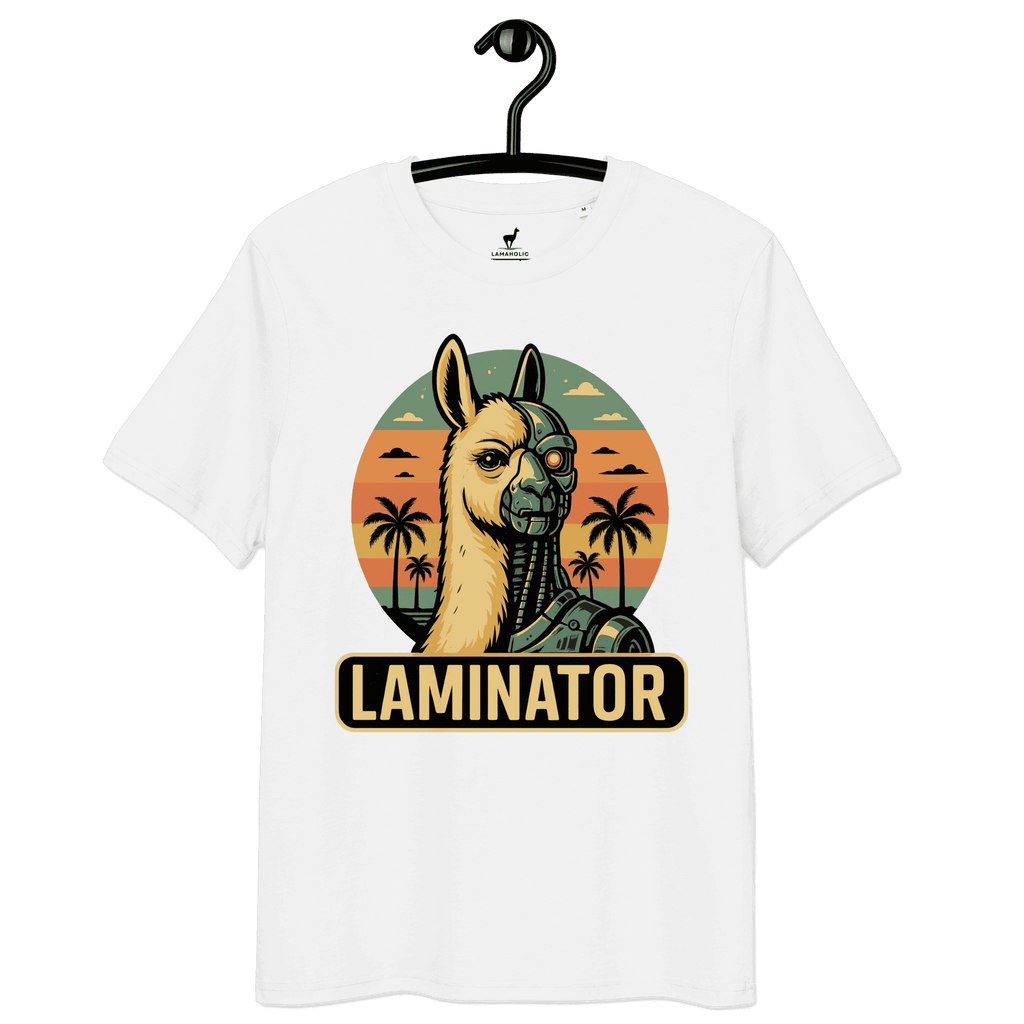 Lustiges Lama T-Shirt Laminator in Weiss, auf einem Kleiderbügel präsentiert.