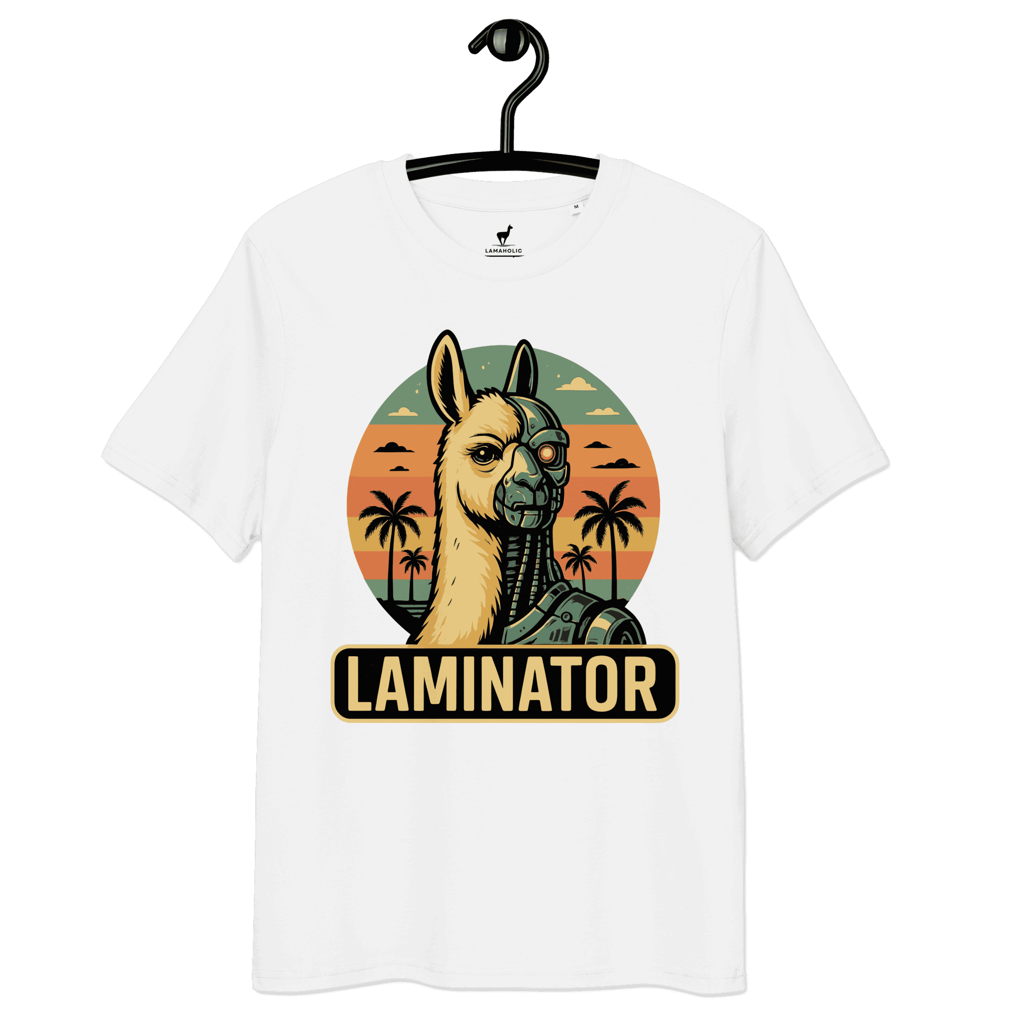 Lustiges Lama T-Shirt Laminator in Weiss, auf einem Kleiderbügel präsentiert.