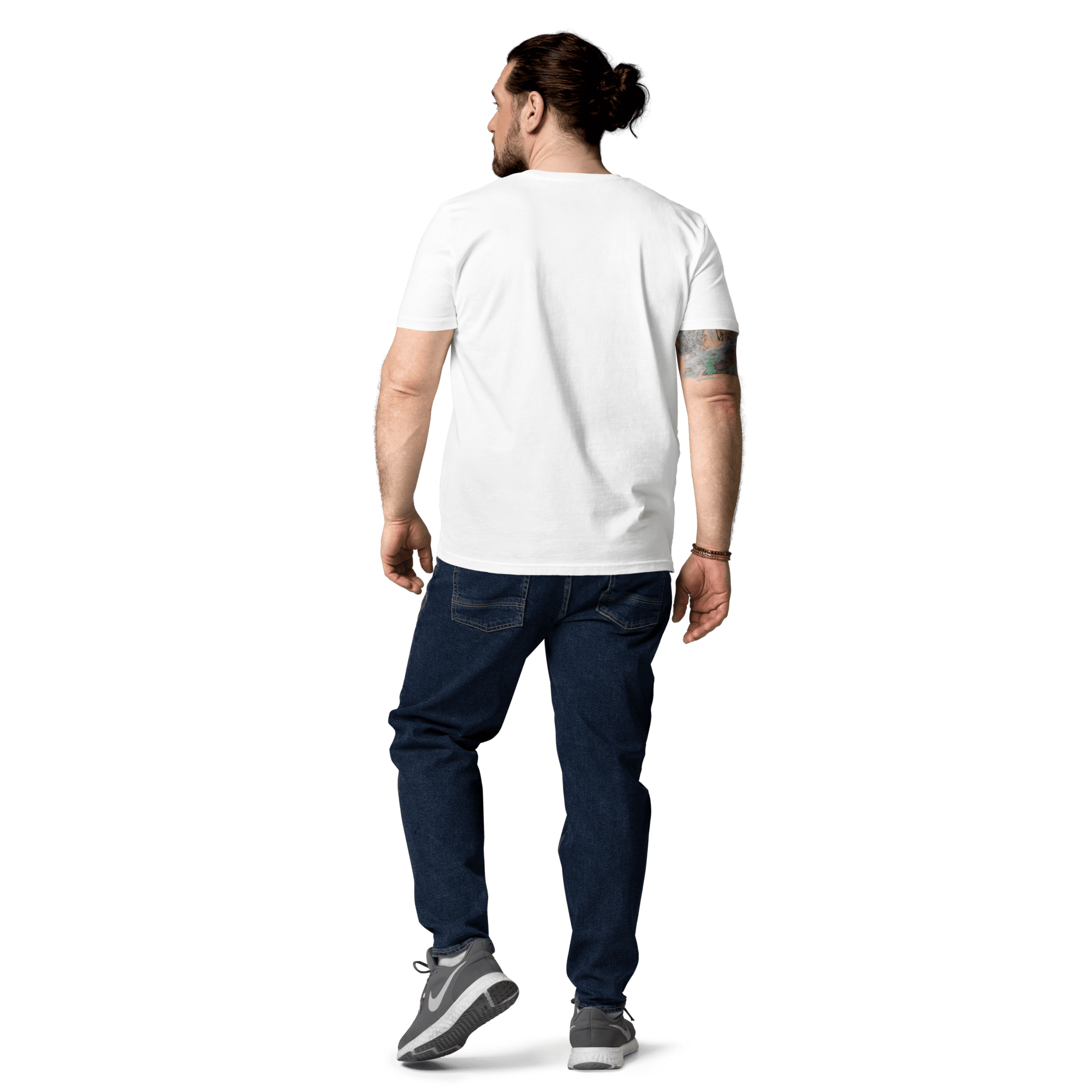 Rückseite des Laminator T-Shirts in Weiss, getragen von einem Mann.