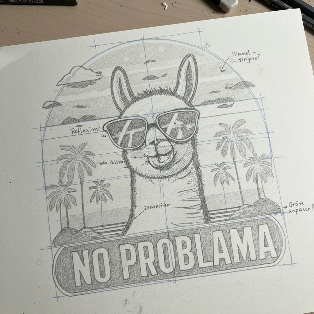 Die originale Bleistift-Skizze des 'No Problama'-Designs auf einem Zeichentisch, die die Geburtsstunde von Lamaholic zeigt.