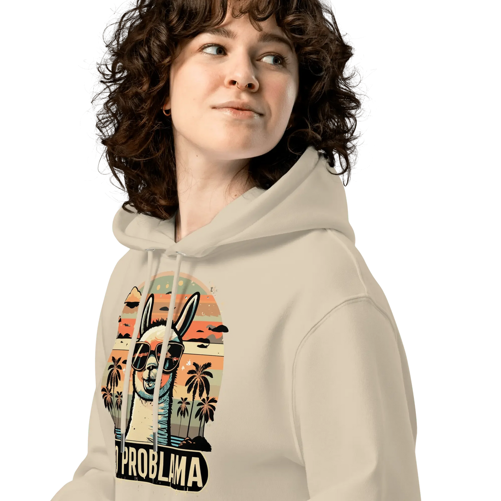 Detailansicht der Kapuze des No Problama Hoodies in Desert Dust.