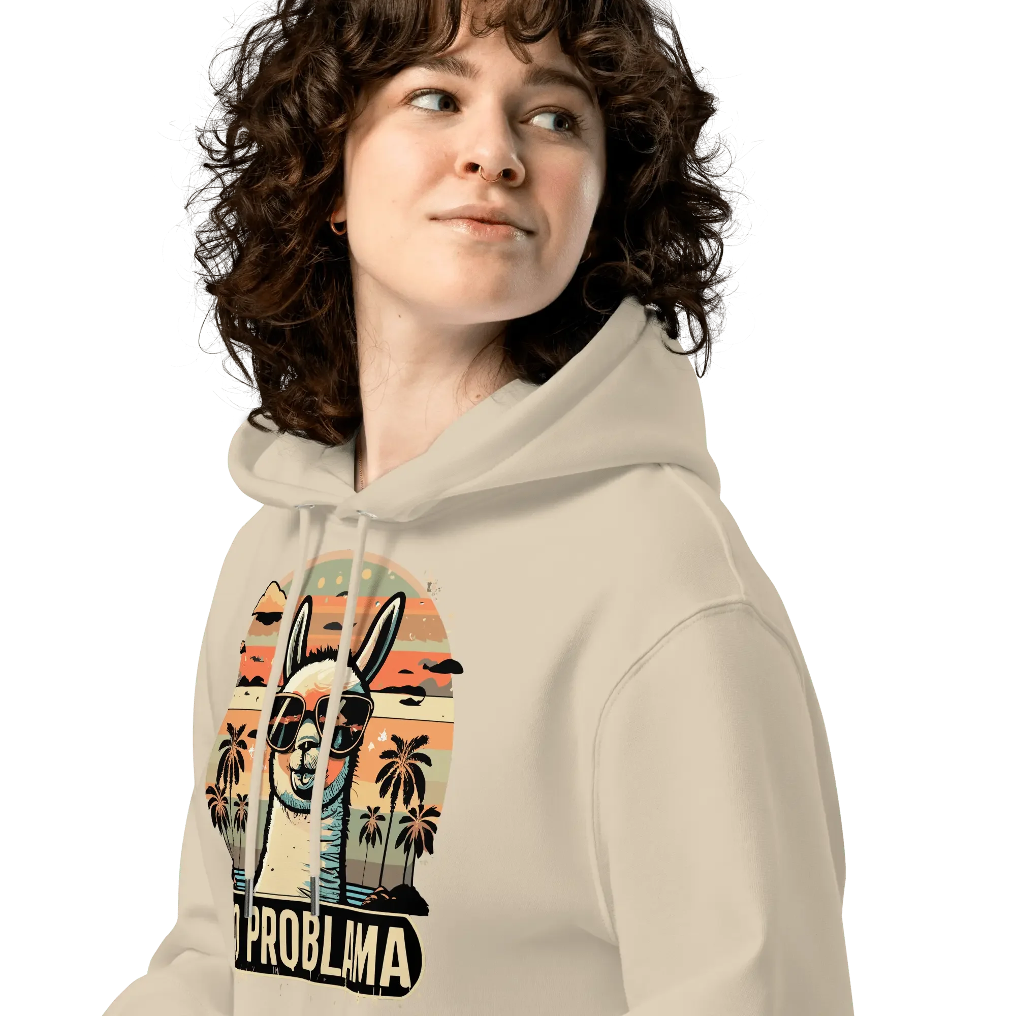 Detailansicht der Kapuze des No Problama Hoodies in Desert Dust.