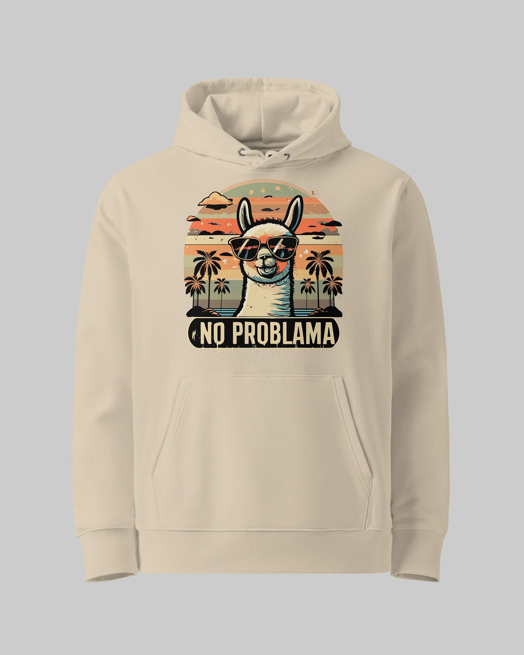 Kuscheliger Statement-Hoodie "No Problama" aus Bio-Baumwolle in Desert Dust – Produktansicht auf neutralem Hintergrund.