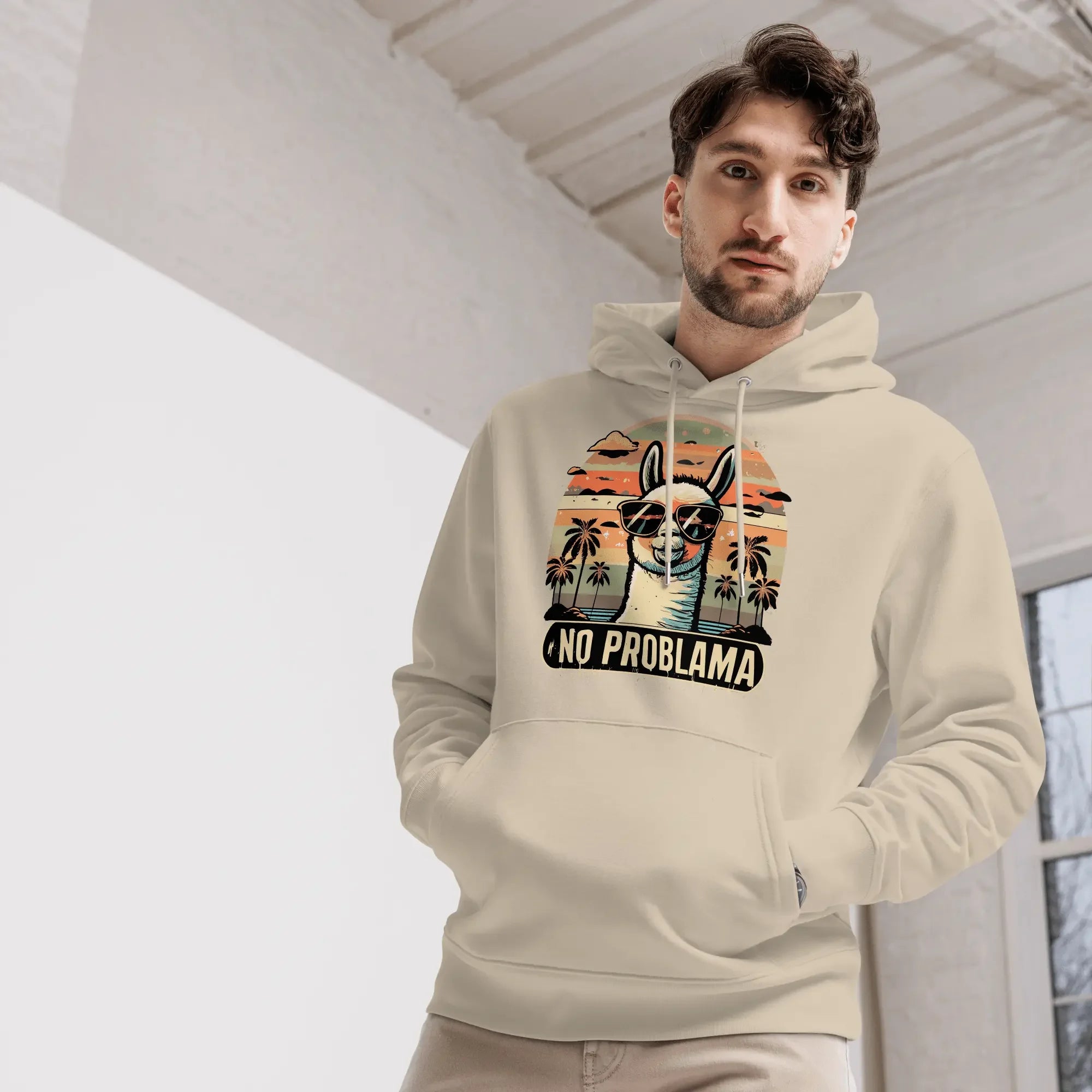 Lustiger Lama Hoodie No Problama mit Retro-Sonnenuntergang, Bio-Baumwolle, Lamaholic.