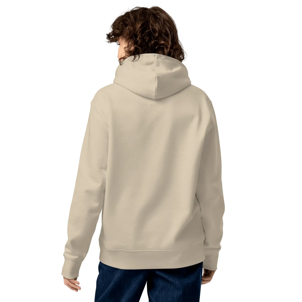 Rückseite des No Problama Hoodies in Desert Dust, getragen von einem Mann.