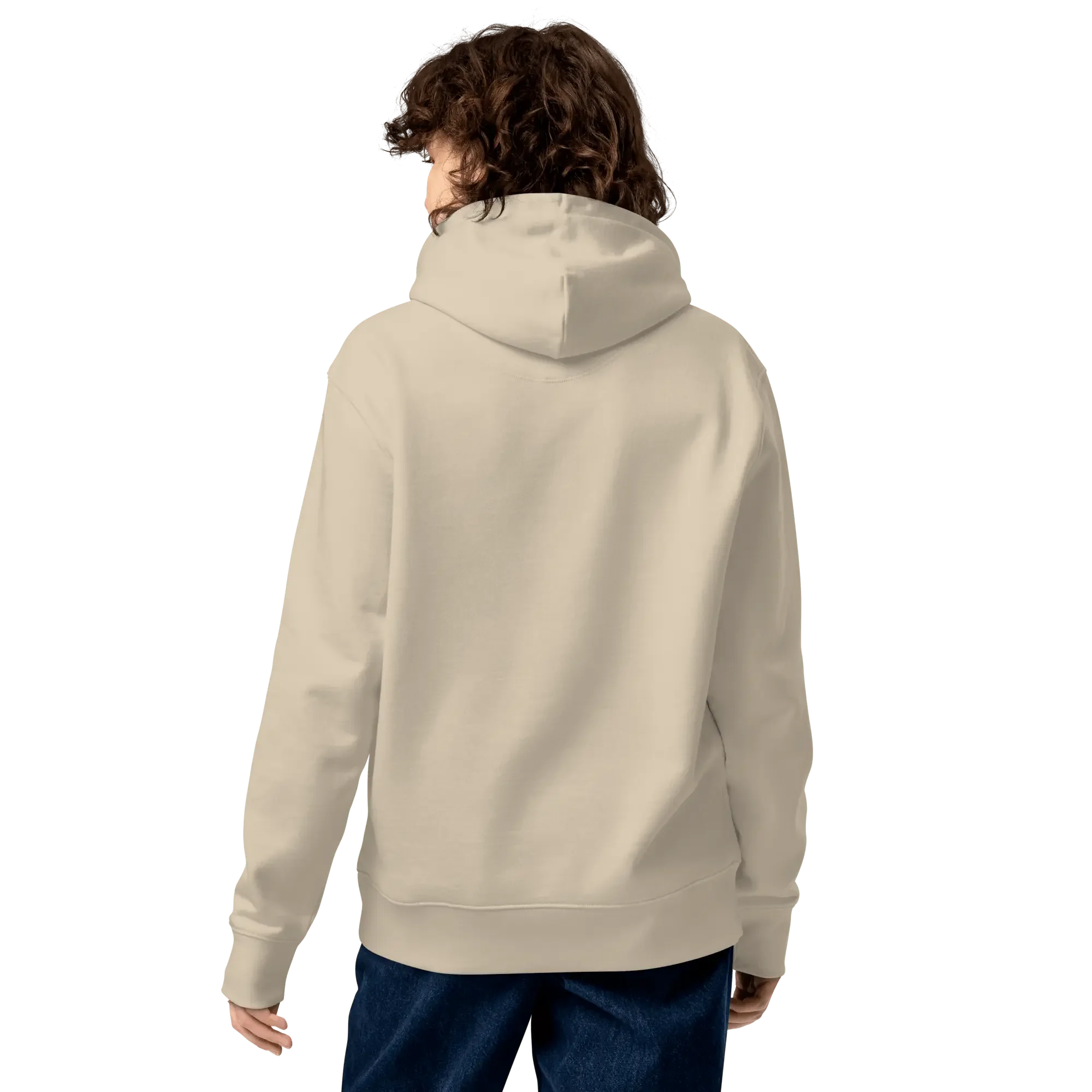 Rückseite des No Problama Hoodies in Desert Dust, getragen von einem Mann.