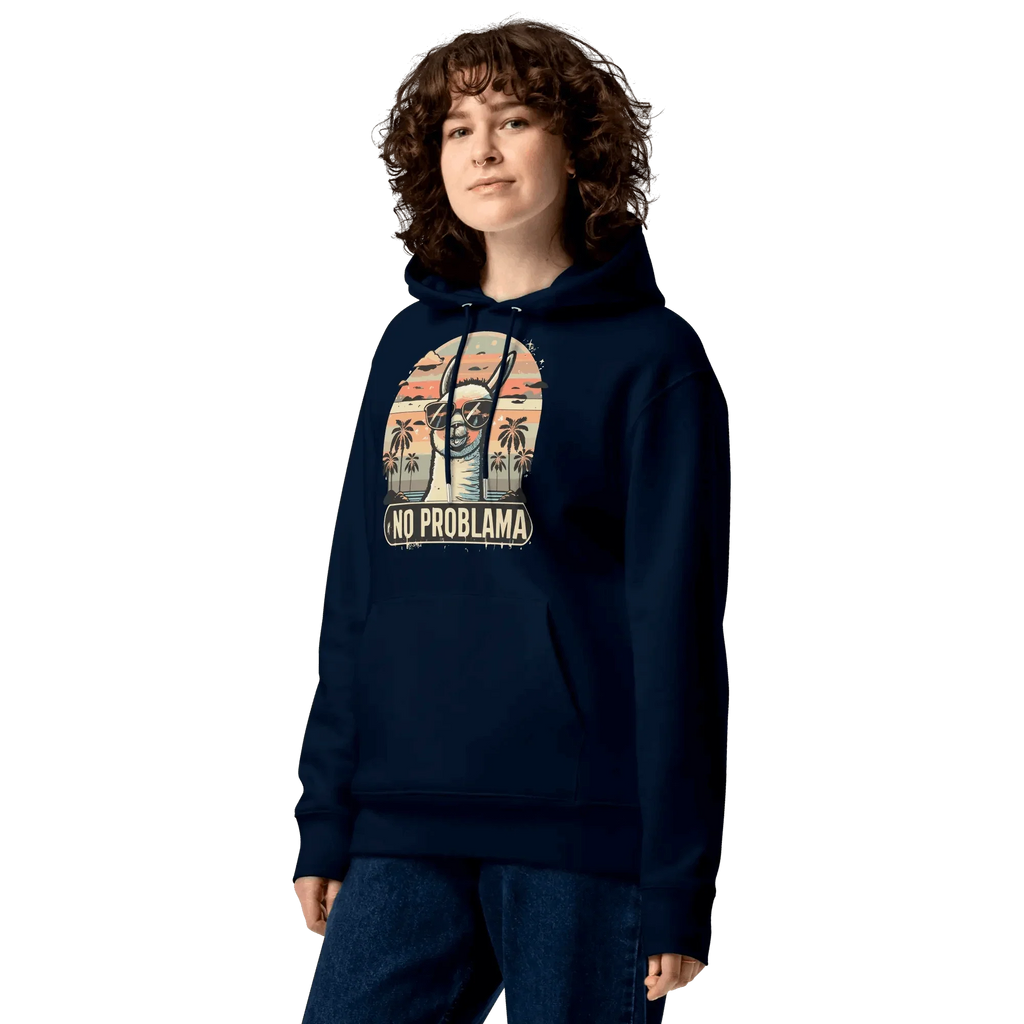 Nahaufnahme des No Problama Hoodies in French Navy an einem weiblichen Model.