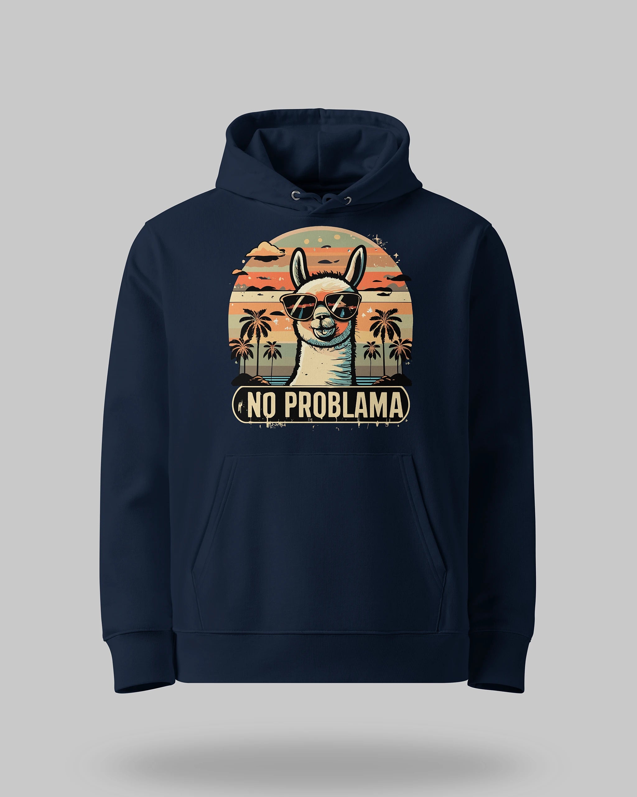 Kuscheliger Statement-Hoodie "No Problama" aus Bio-Baumwolle in French Navy – Produktansicht auf neutralem Hintergrund.
