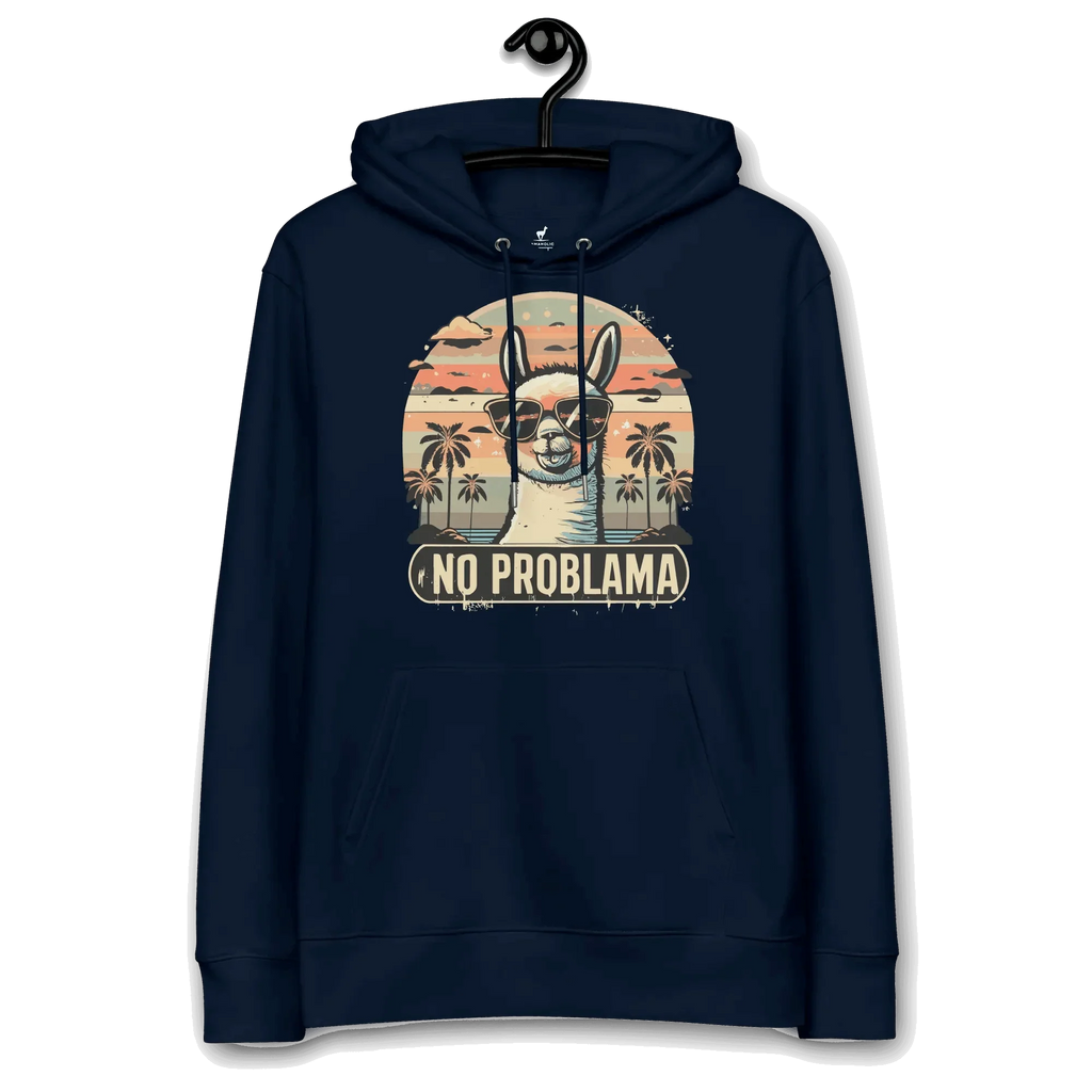 No Problama Hoodie in French Navy, auf einem Kleiderbügel präsentiert.