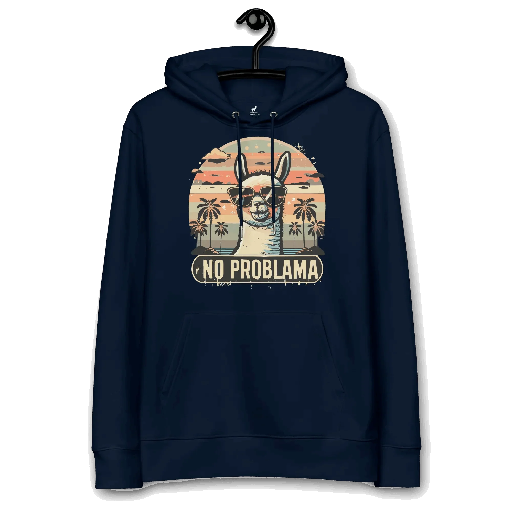 No Problama Hoodie in French Navy, auf einem Kleiderbügel präsentiert.