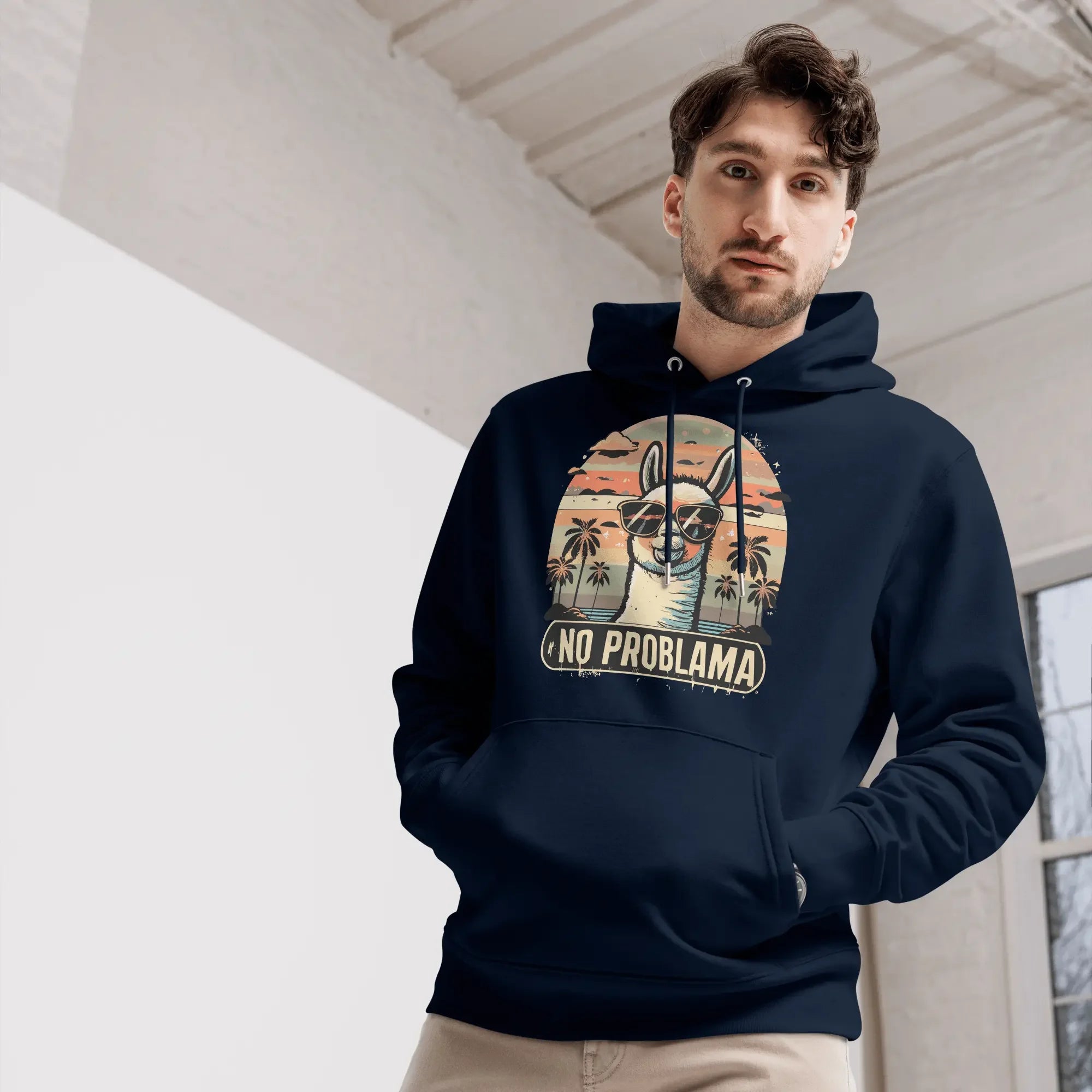 Lustiger Lama Hoodie No Problama mit Retro-Sonnenuntergang, Bio-Baumwolle, Lamaholic.
