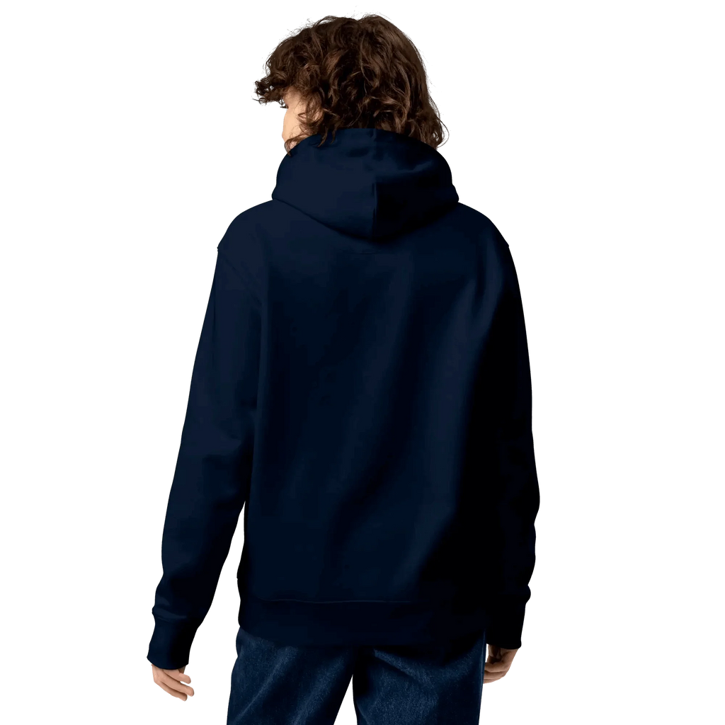 Rückseite des No Problama Hoodies in French Navy, getragen von einem Mann.