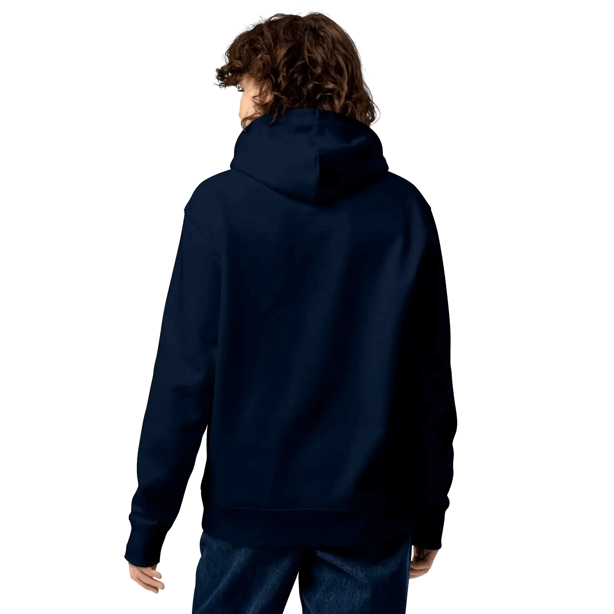 Rückseite des No Problama Hoodies in French Navy, getragen von einem Mann.