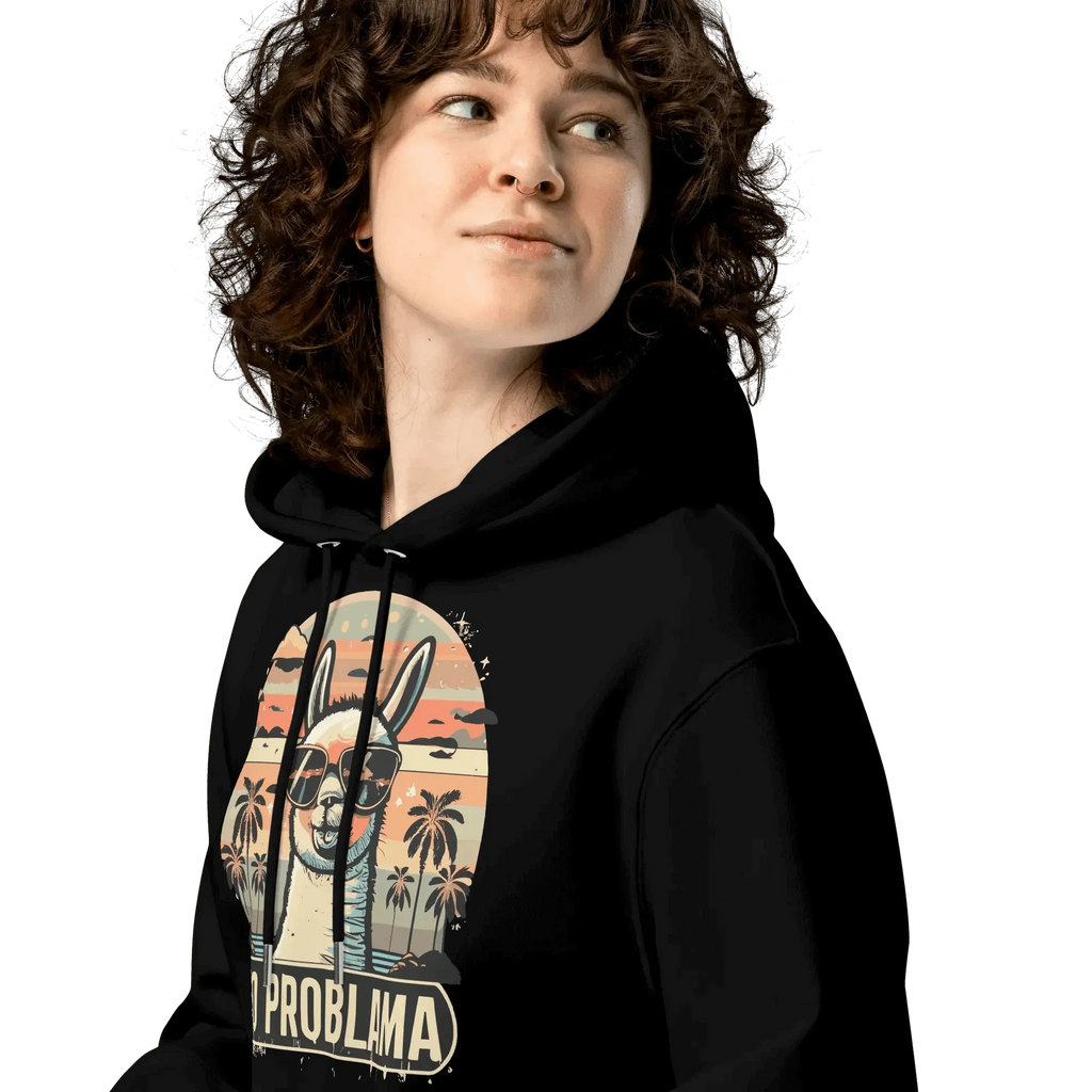 Detailansicht der Kapuze des No Problama Hoodies in Schwarz.