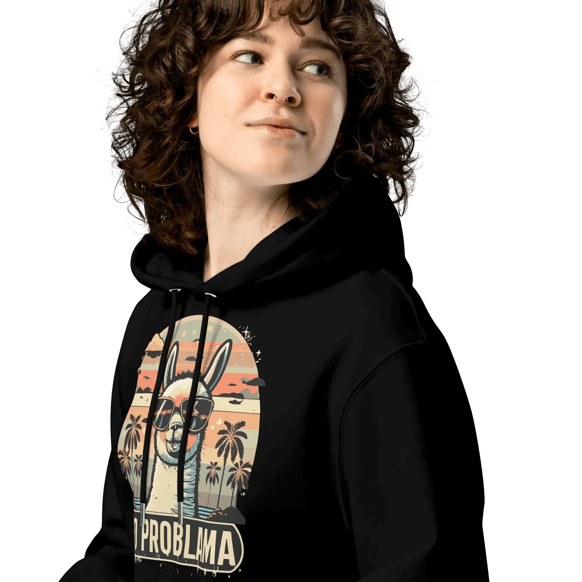 Detailansicht der Kapuze des No Problama Hoodies in Schwarz.