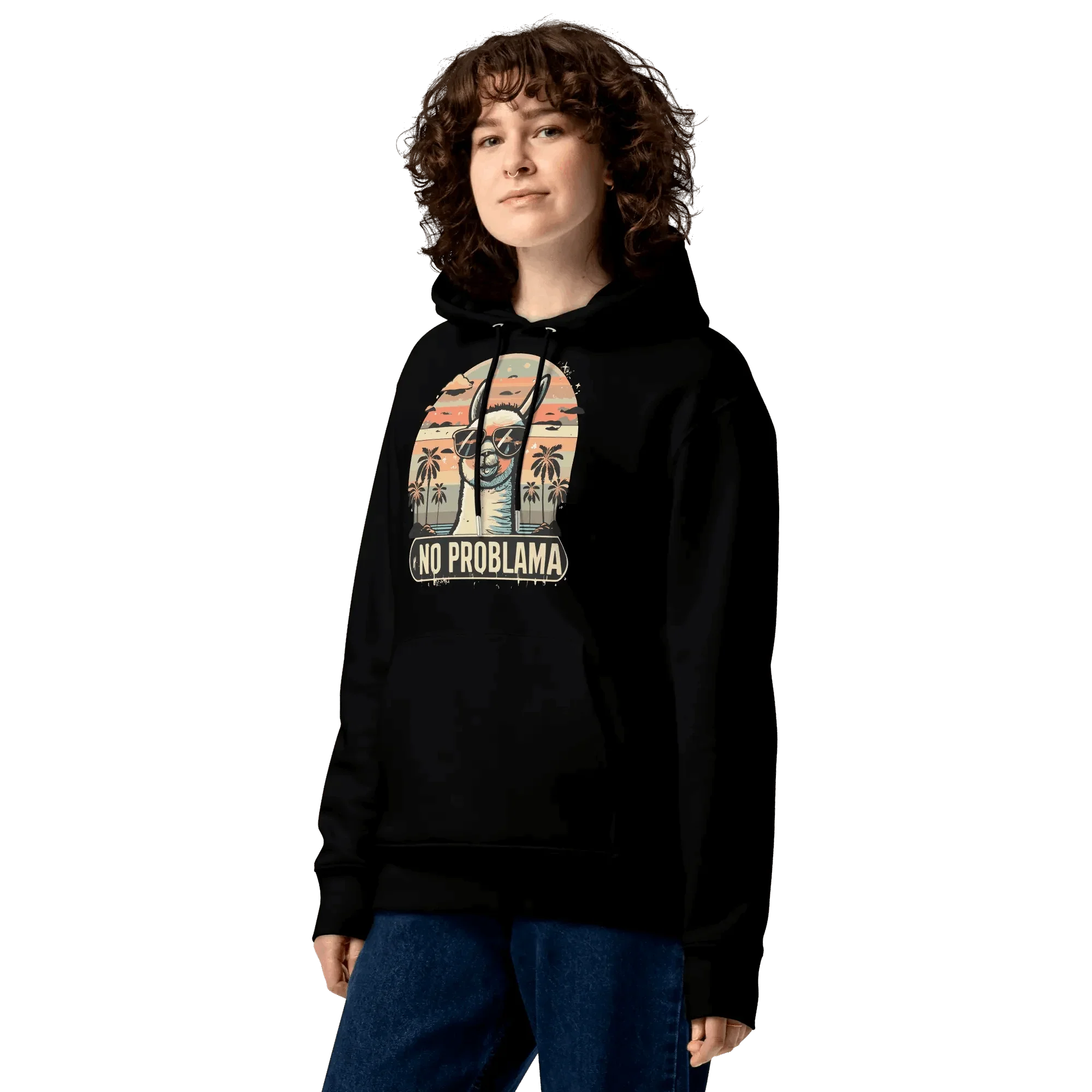 Nahaufnahme des No Problama Hoodies in Schwarz an einem weiblichen Model.
